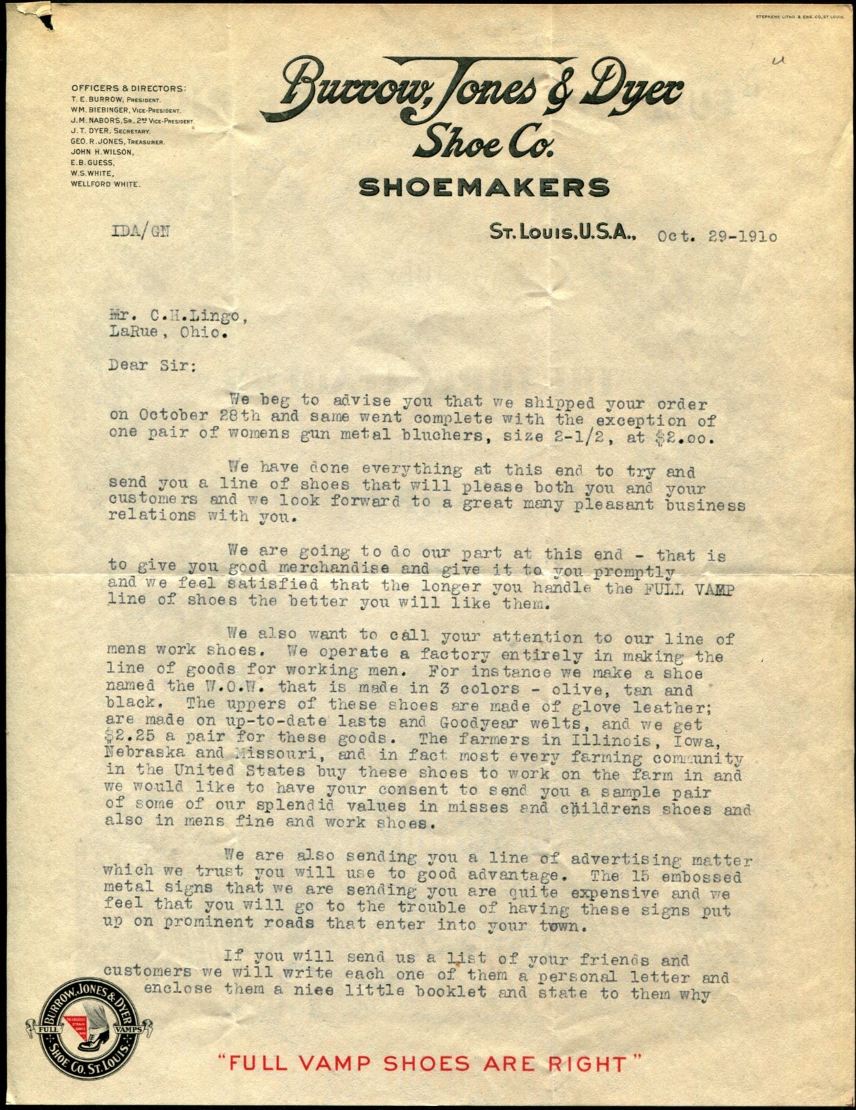 ST.LOUIS, MO ~ Burrow, Jones & Dyer Shoe Co. Vamp Shoes ~ Illus. Letterhead 1910