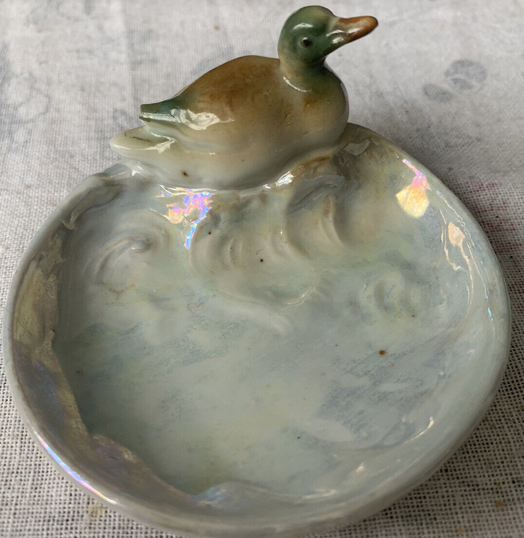 Vintage Lustre Ceramic Duck Pin Dish. Marked Foreign. Good Condition.