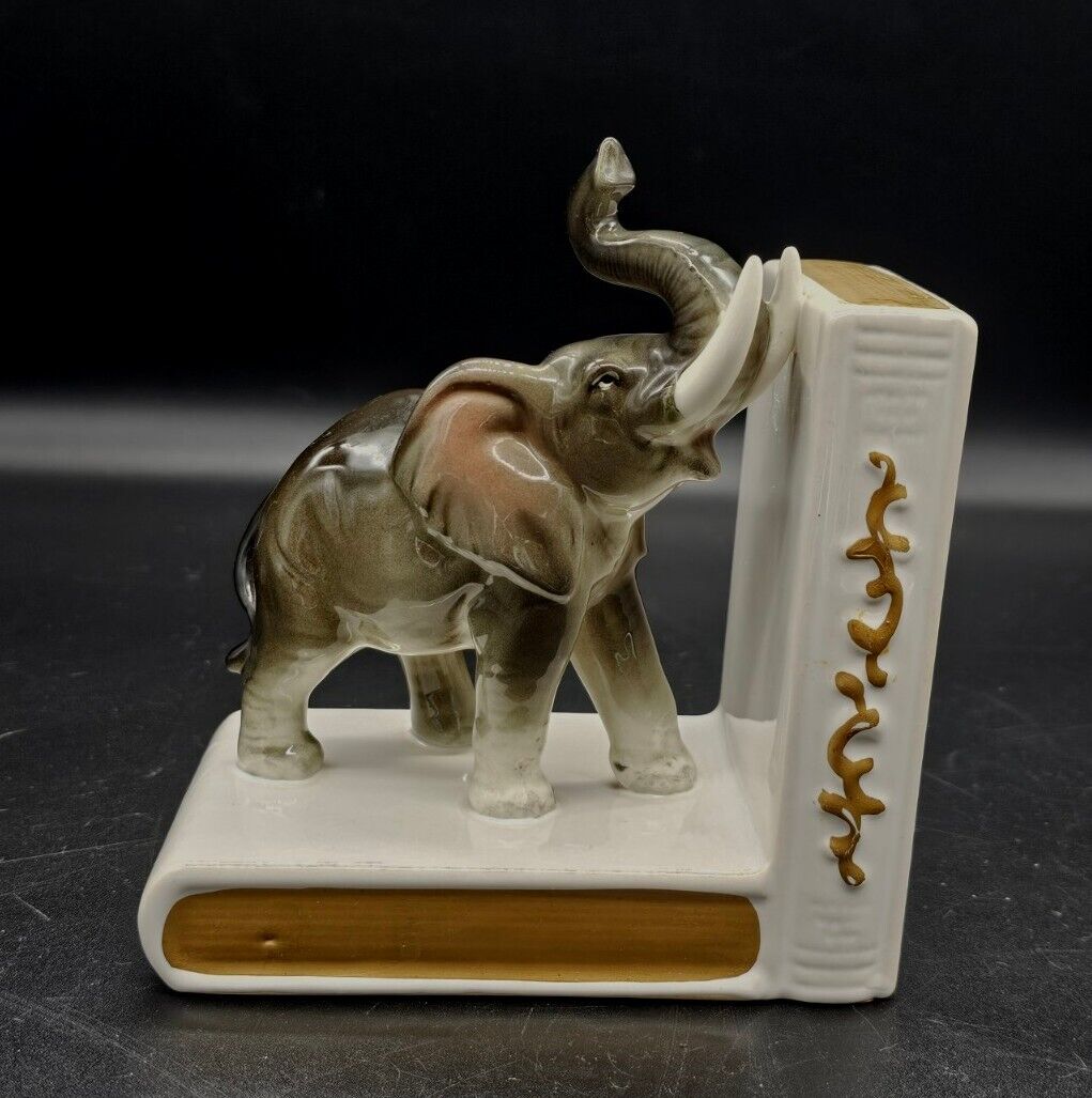 Vintage 1950s Brinn’s Japan Porcelain Lucky Trunk Up Elephant Single Bookend