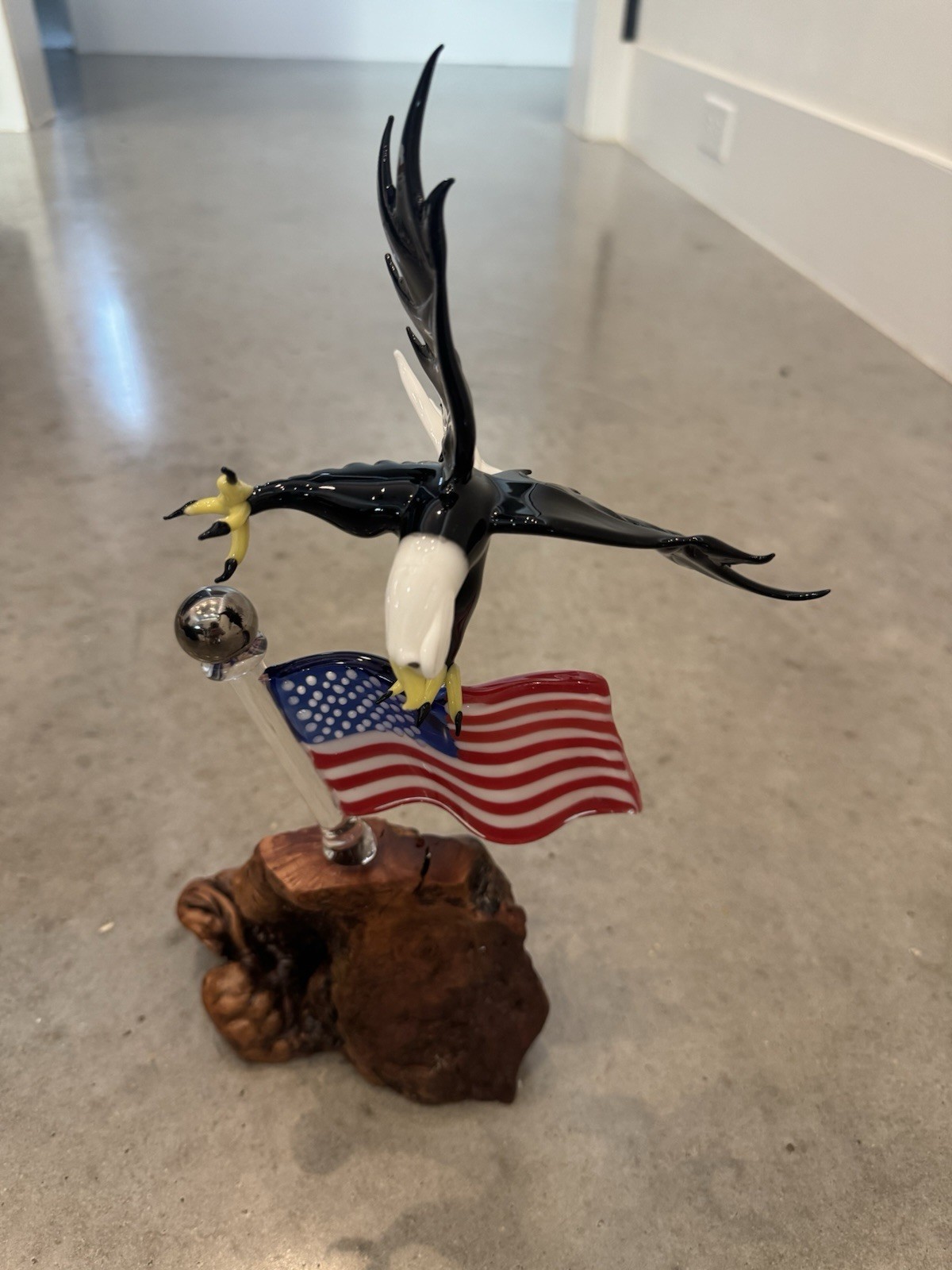 Hand Blown Glass Bald Eagle American Flag Sculpture — Burl Wood Base — Patriotic