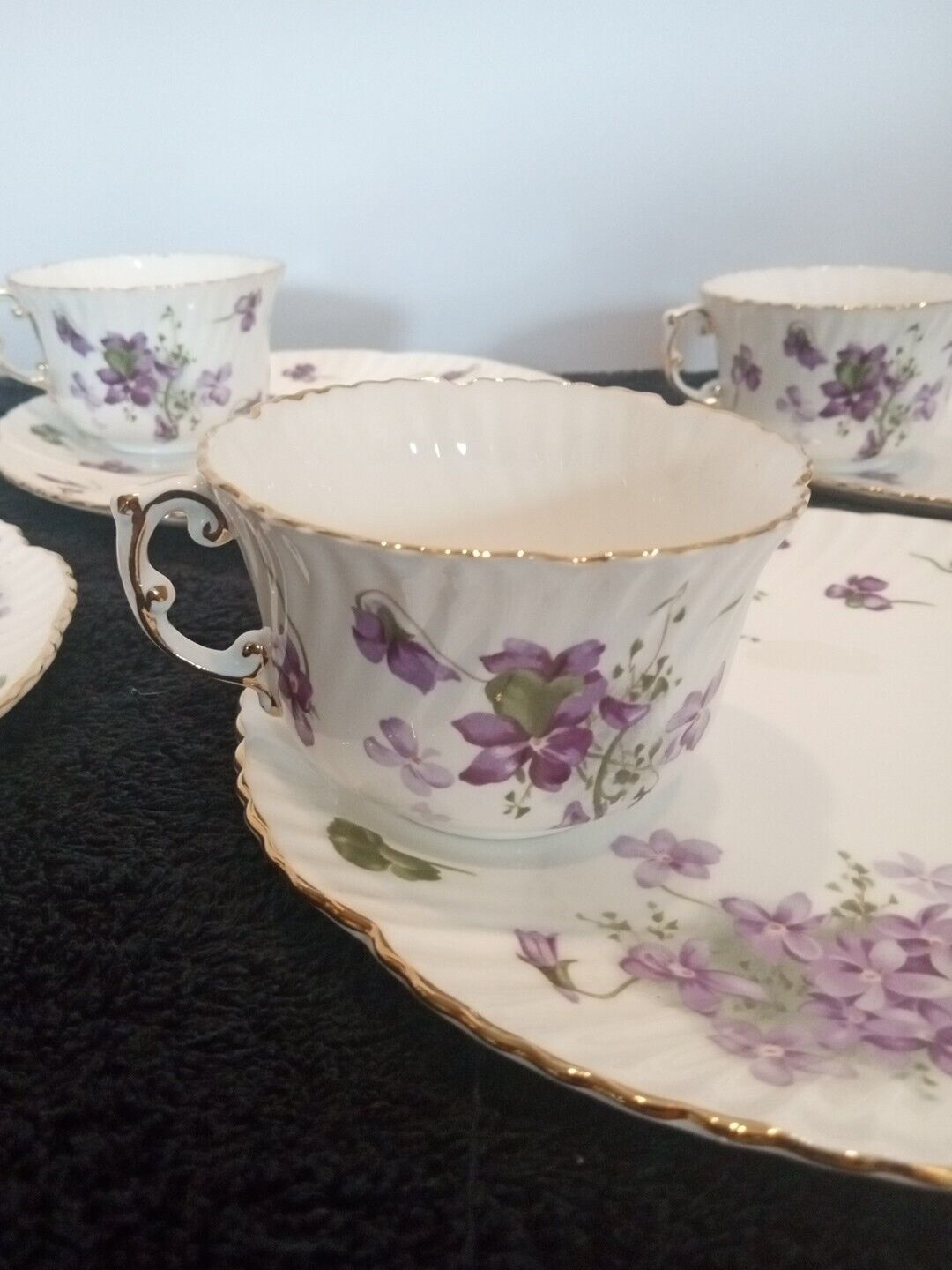 Vintage Hammersley Victorian Violets Bone China 5piece Snack Plate & Cup Set