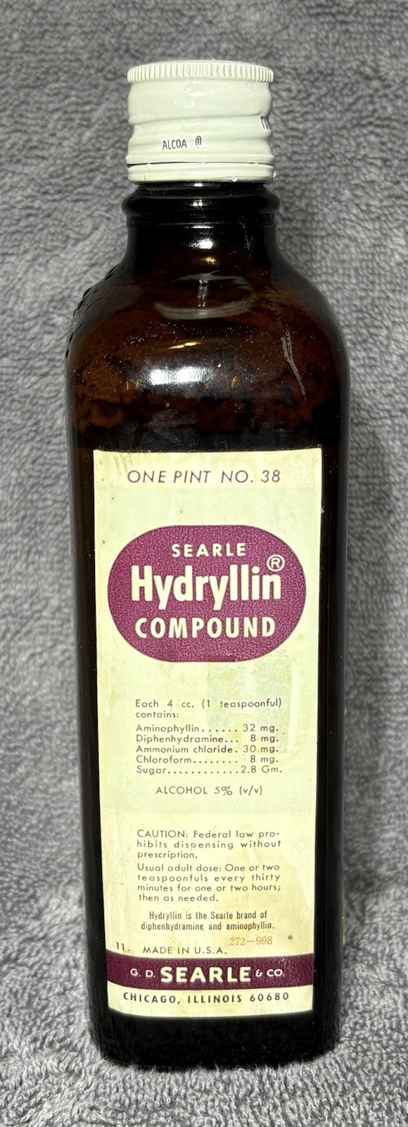 Vintage G.D. Searle Hydryllin Compound Amber Glass Medicine Bottle 1 Pint