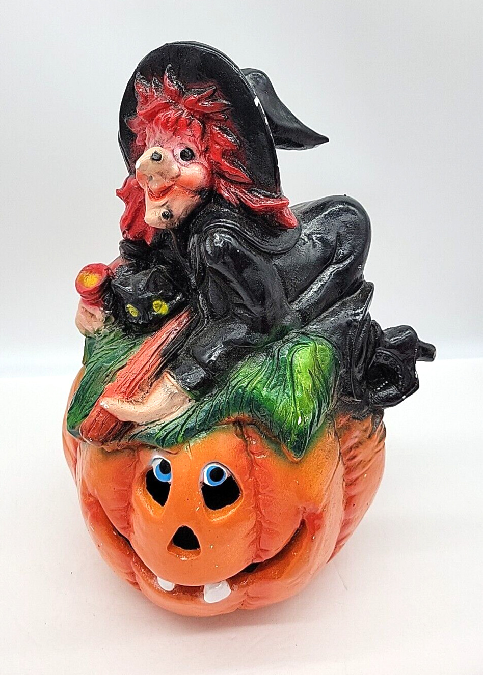 Vtg Halloween Figurine Witch Cat Jack-o-lantern 🎃 Pumpkin 13.5” Plaster Ceramic
