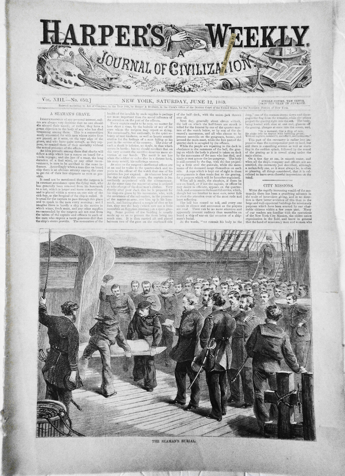 Harper's Weekly, June 12, 1869 - Sea burial ; Pilgrims on Plains; etc - Original Harper's Weekly, June 12, 1869 - Sea burial ; Pilgrims on Plains; etc - Original
