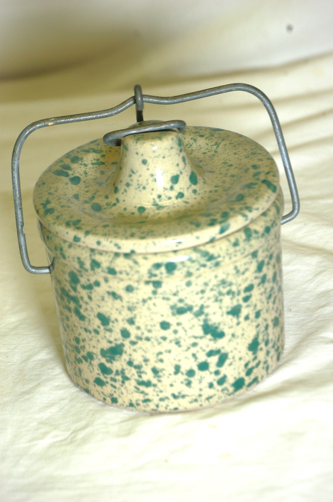 Stoneware Butter Cheese Crock Speckled Glazed Wire Bail Latch