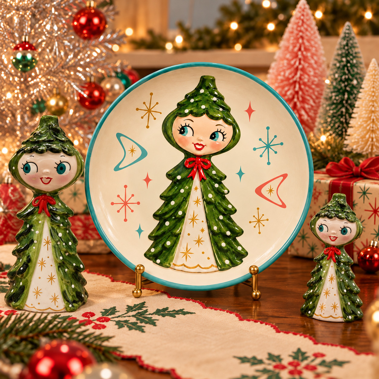 Atomic Christmas Tree Pixie Girl Holt Howard Vintage Inspired Plate Figurine 50s