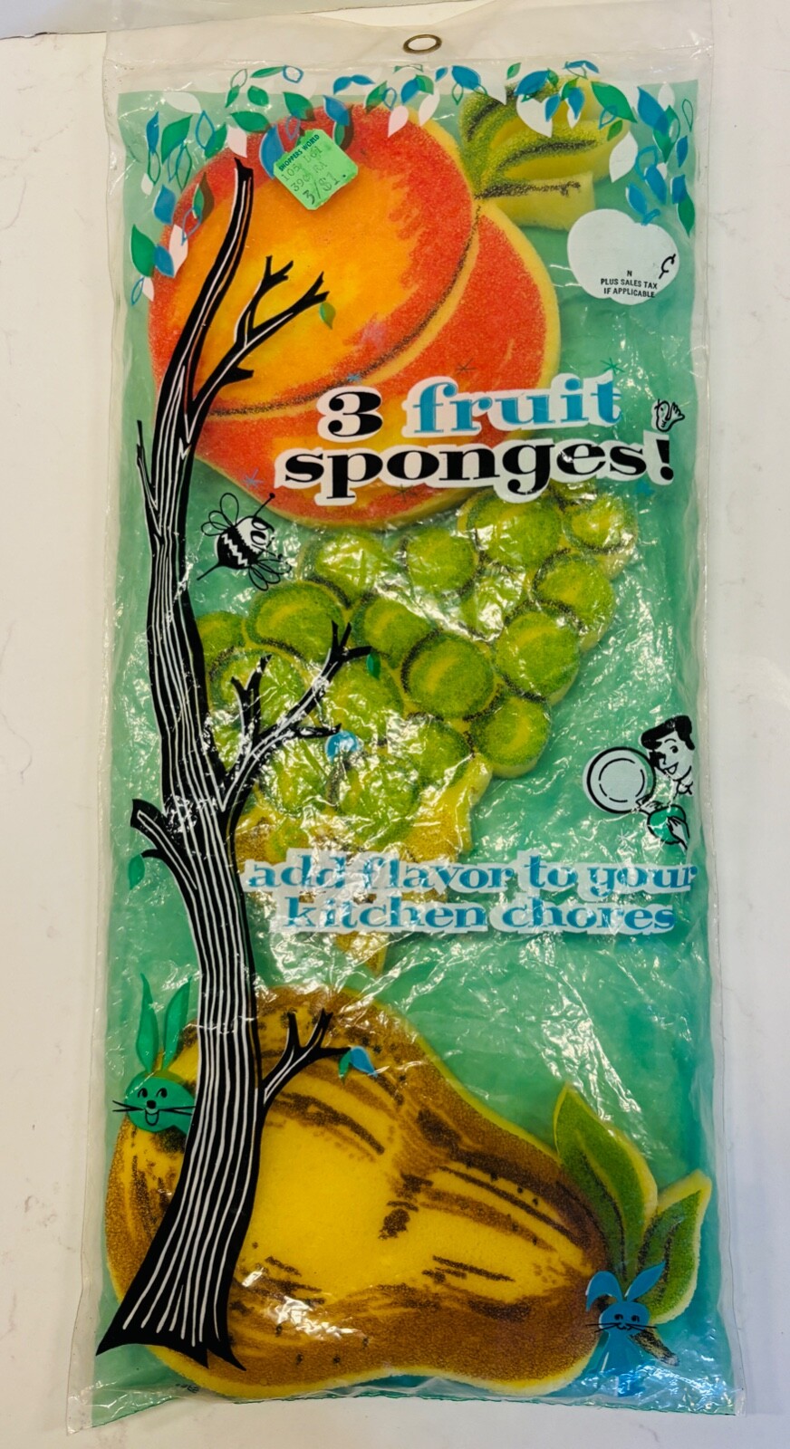 NOS CUTEVTG 60\'S 3 FRUIT PRINTED DISHS SPONGES PEACH GREEN GRAPES&YELLOW PEAR