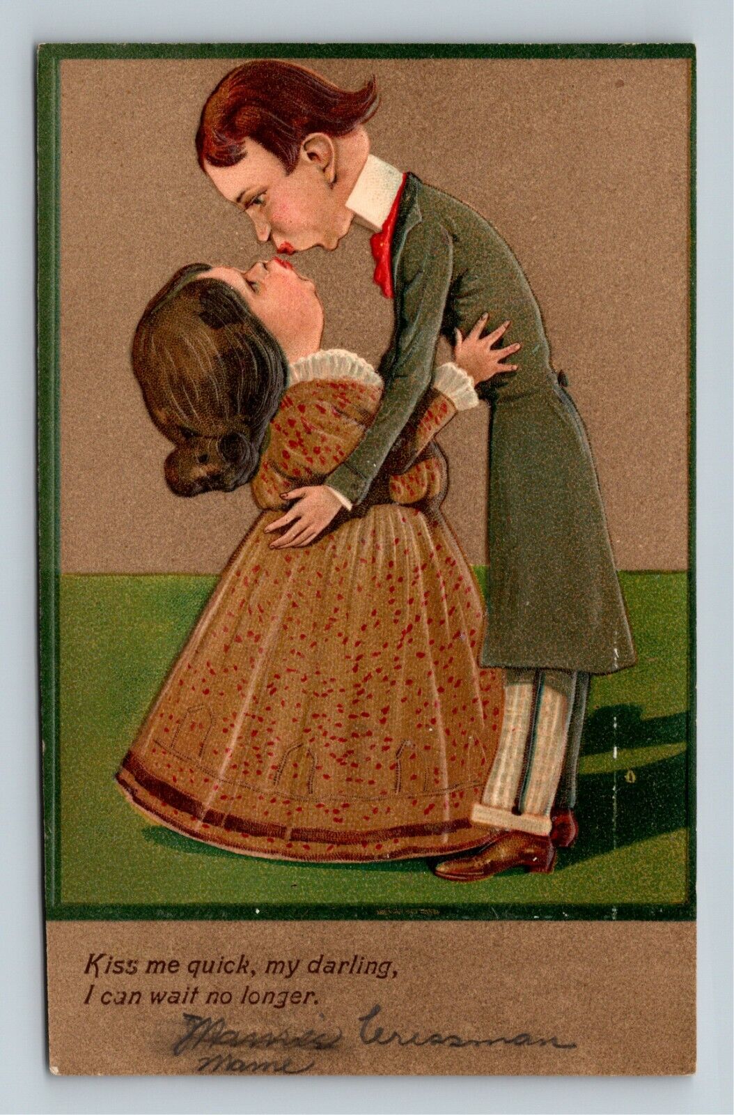 Embossed Couple Embracing, Kissing by Paul Finkenrath Greeting Vintage Postcard