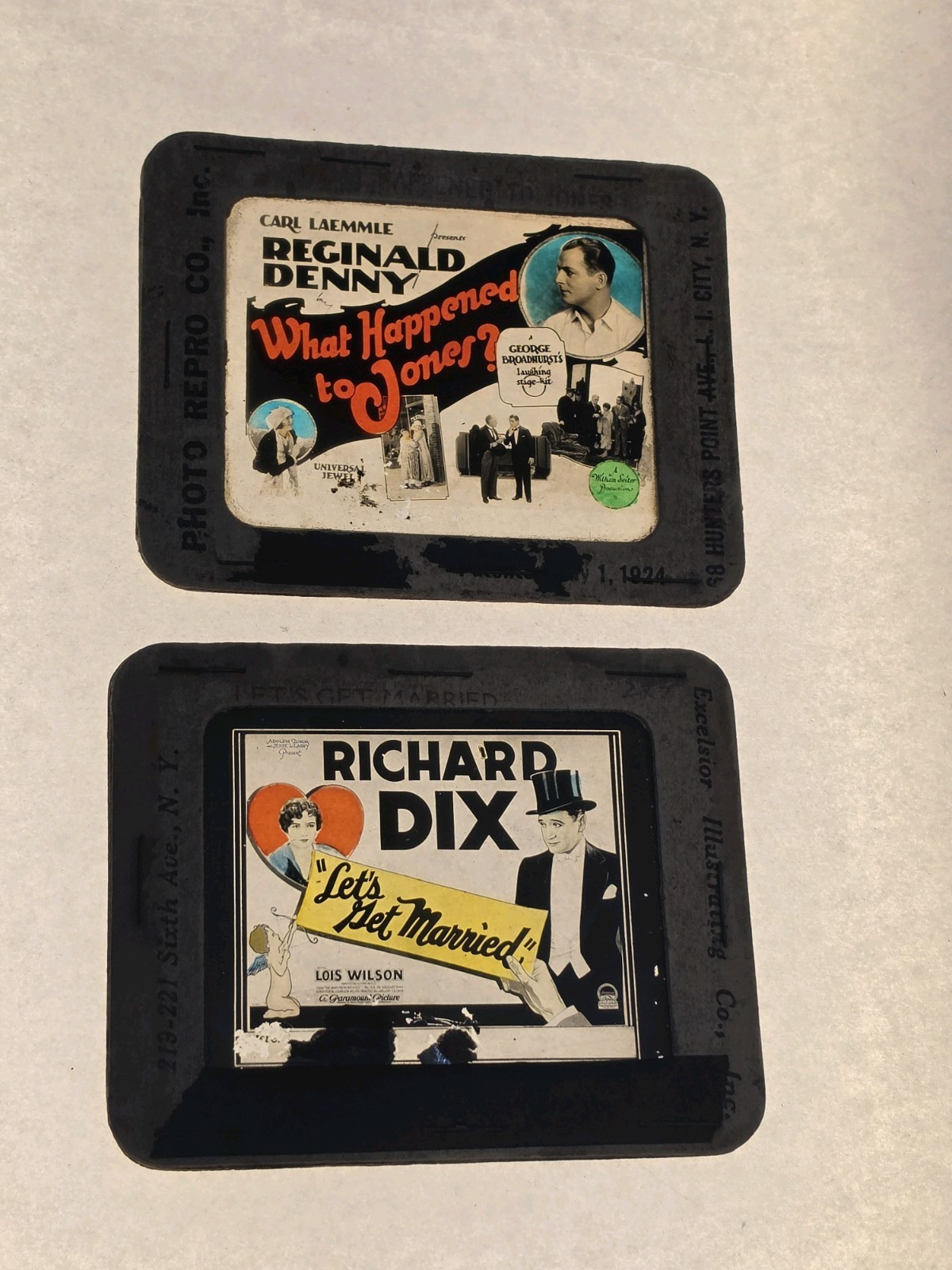 VTG Magic Lantern Slides Two 1926 Film Preview Let\'s Get Married Richard Dix 
