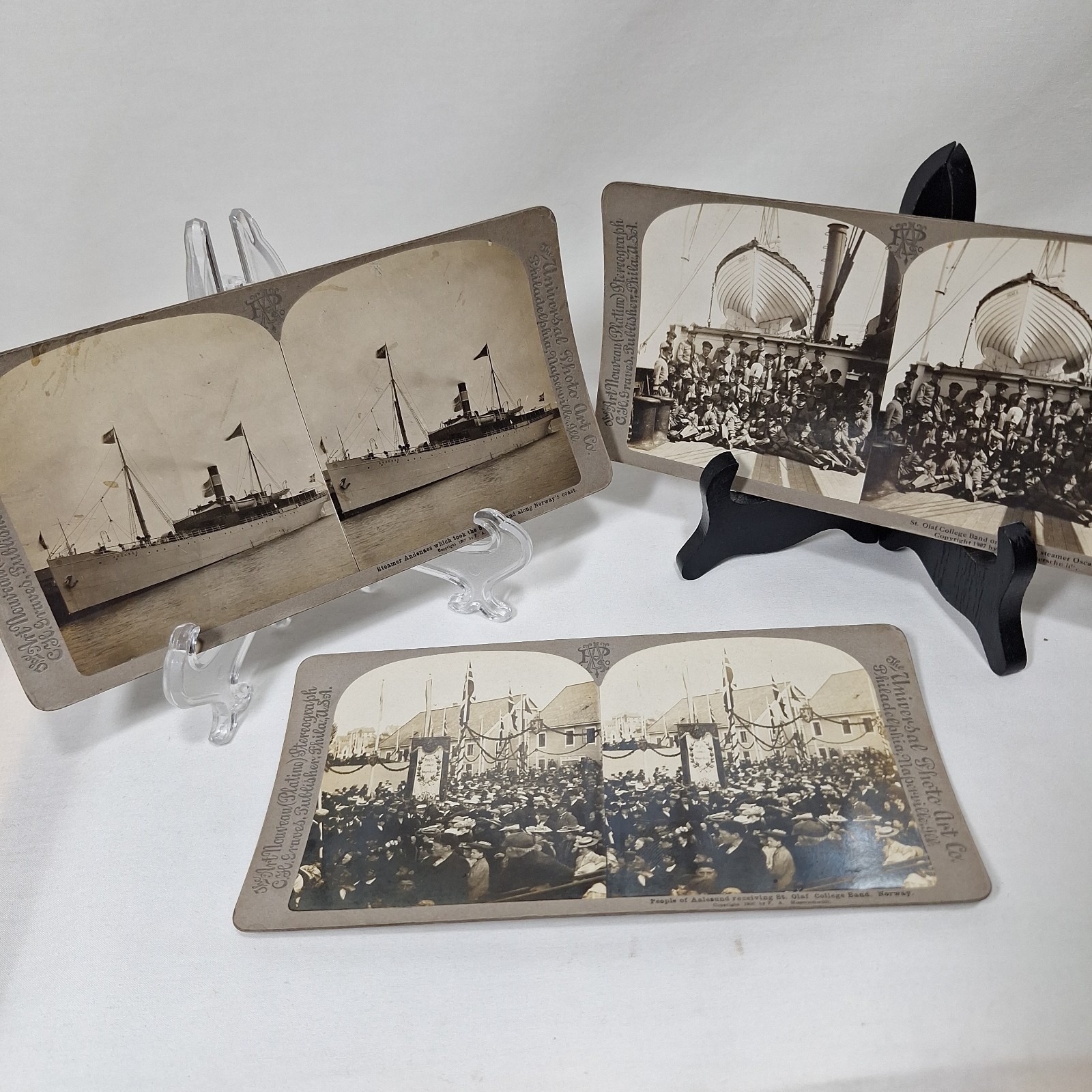 3 Vintage 1906 St. Olaf Band Norway Concert Tour Stereoview Cards Aalesund