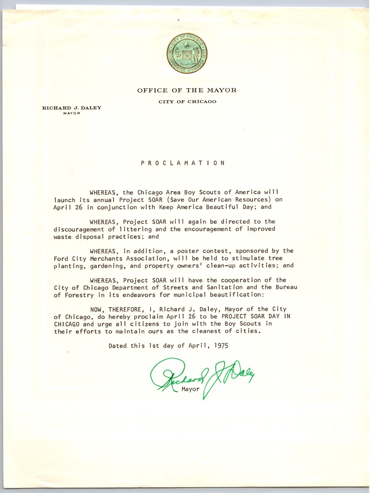 Mayor (Chicago) Richard J. Daley Hand Signed Proclamation Dated April 1, 1975