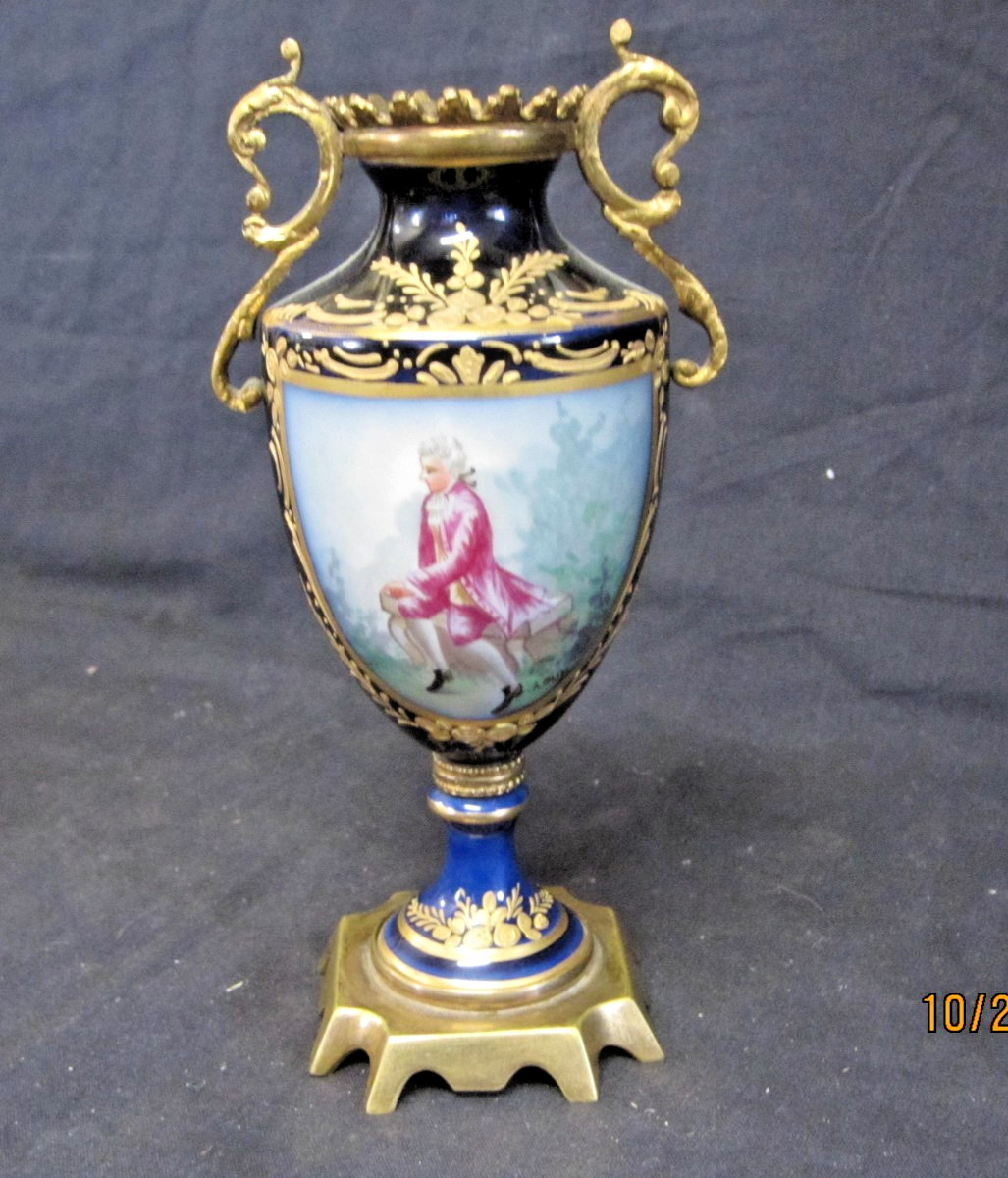Sevres Style Antique French Hand Painted Porcelain Bronze Signed 8\
