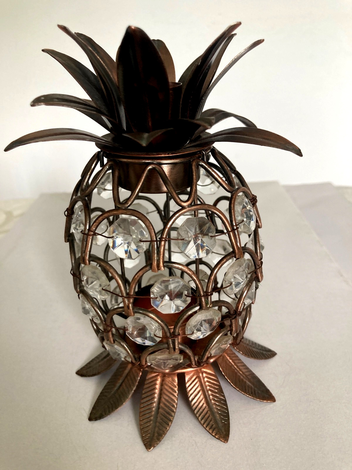 Vtg Pineapple Candle Holder Crystal Prisms Metal Tropical Hollywood Regency