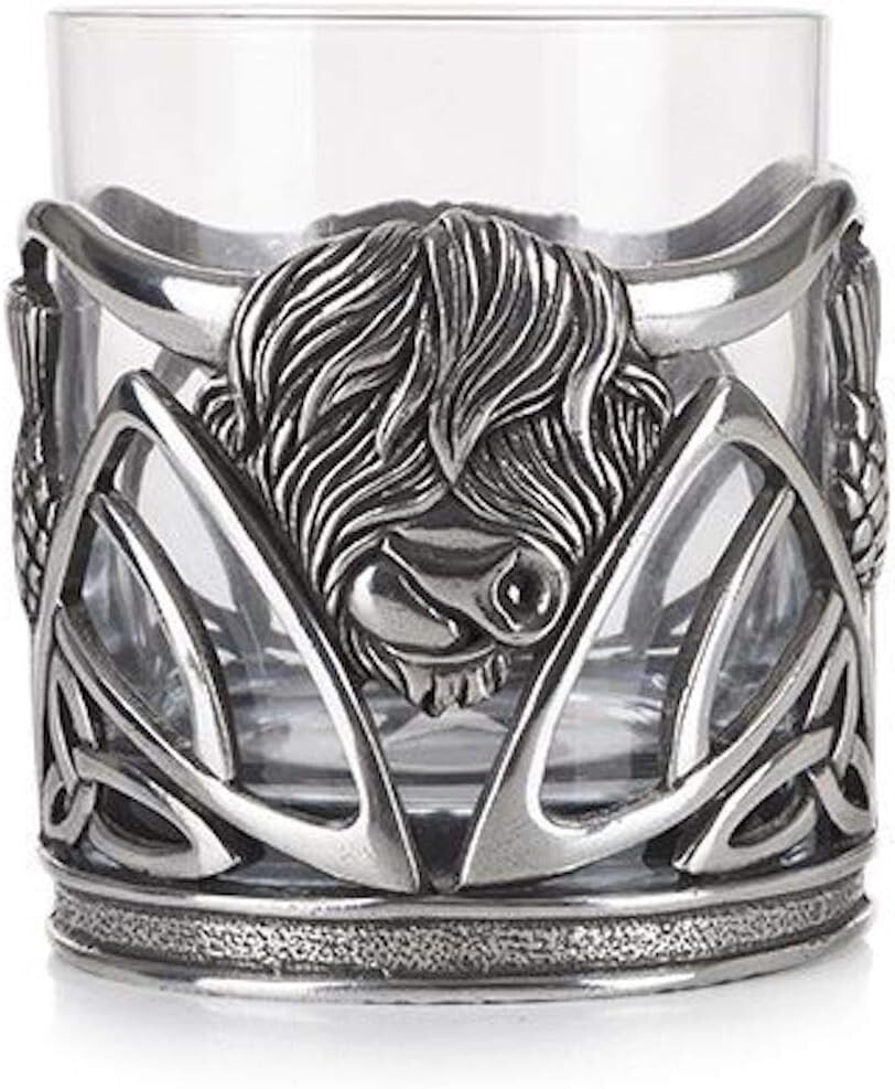 A E Williams Stunning Pewter Scottish Highland Cow &Thistle Whisky Tumbler Glass