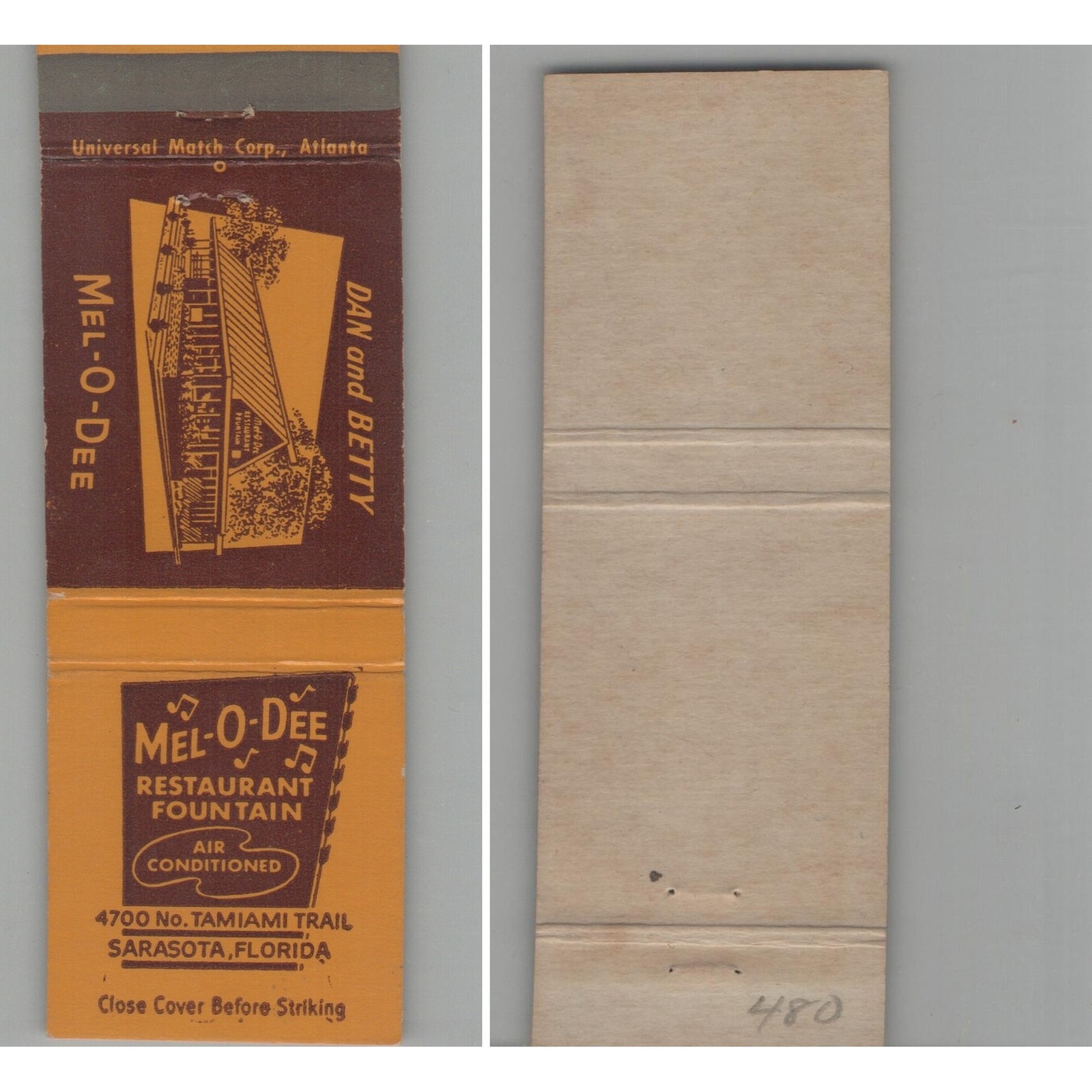 Matchbook Cover Mel-O-Dee Restaurant Fountain Sarasota FL Matchbook Cover Mel-O-Dee Restaurant Fountain Sarasota FL