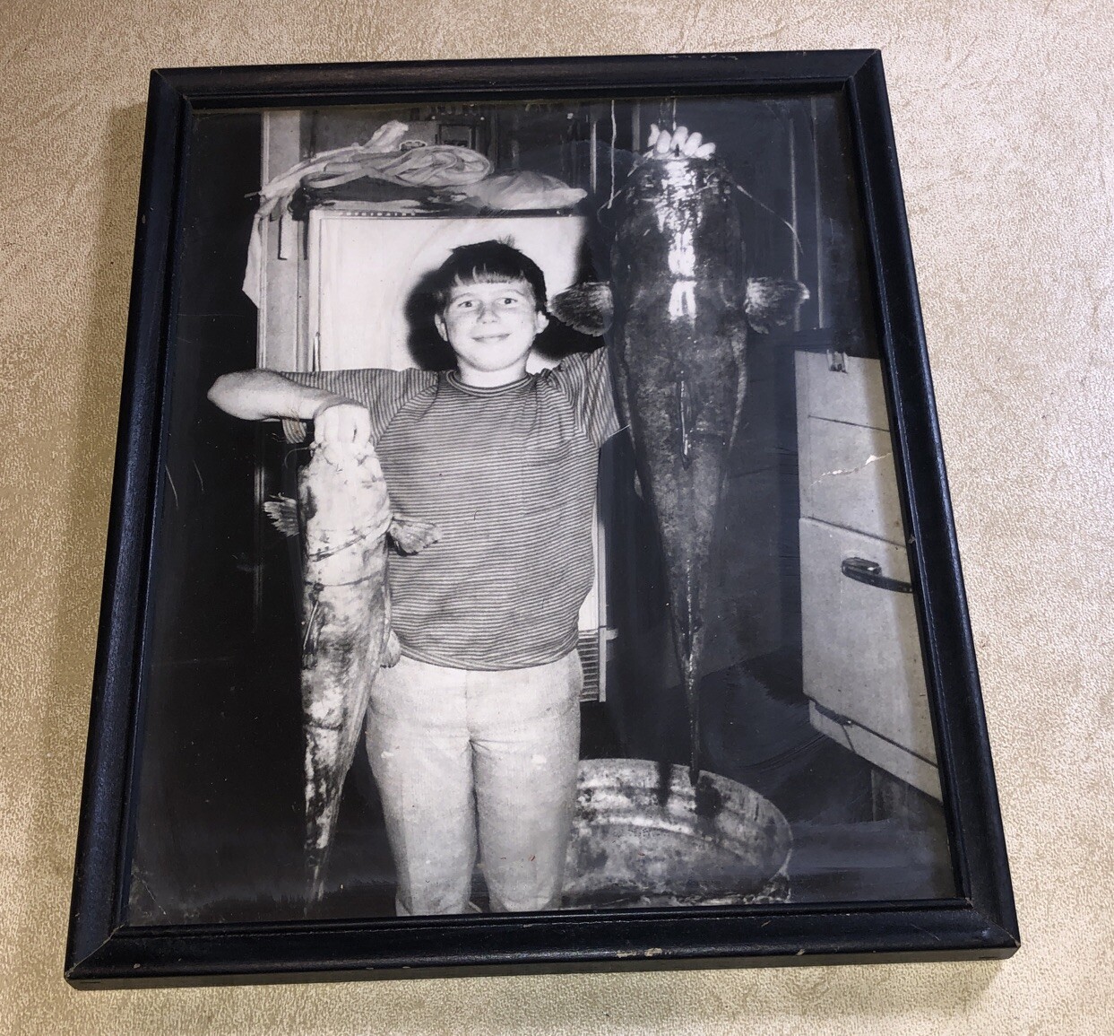 Fisherman holding Fish Boy Sardis Mississippi BW Photo Vintage
