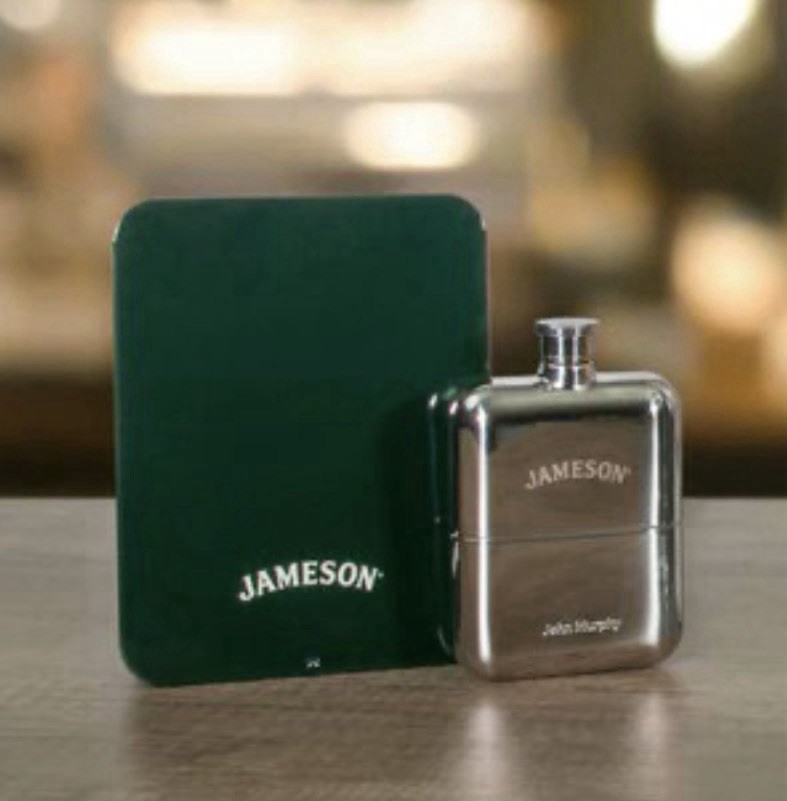Jameson Irish Whisky 5.5 oz Stainless Steel Hip Flask With Tin Carrying Case New