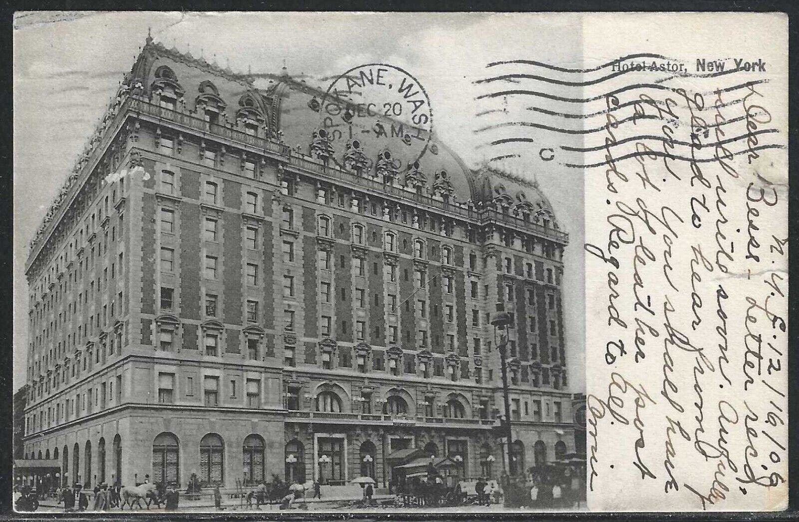 Hotel Astor, Manhattan, New York City, Very Early Postcard, Used in 1906