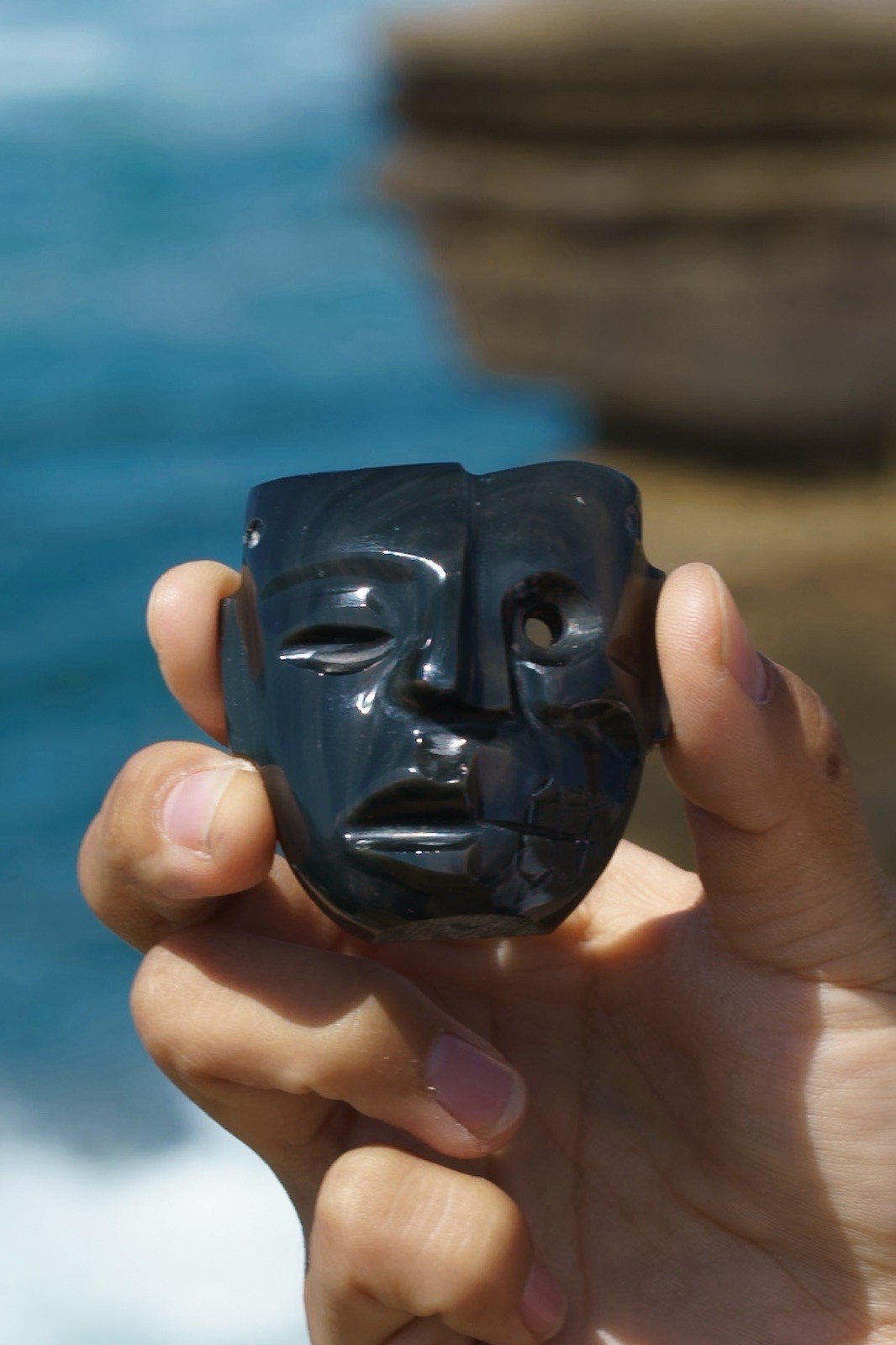 Handcrafted Carved rainbow Obsidian Face Mask Sculpture Unique Art 1.9x1.8
