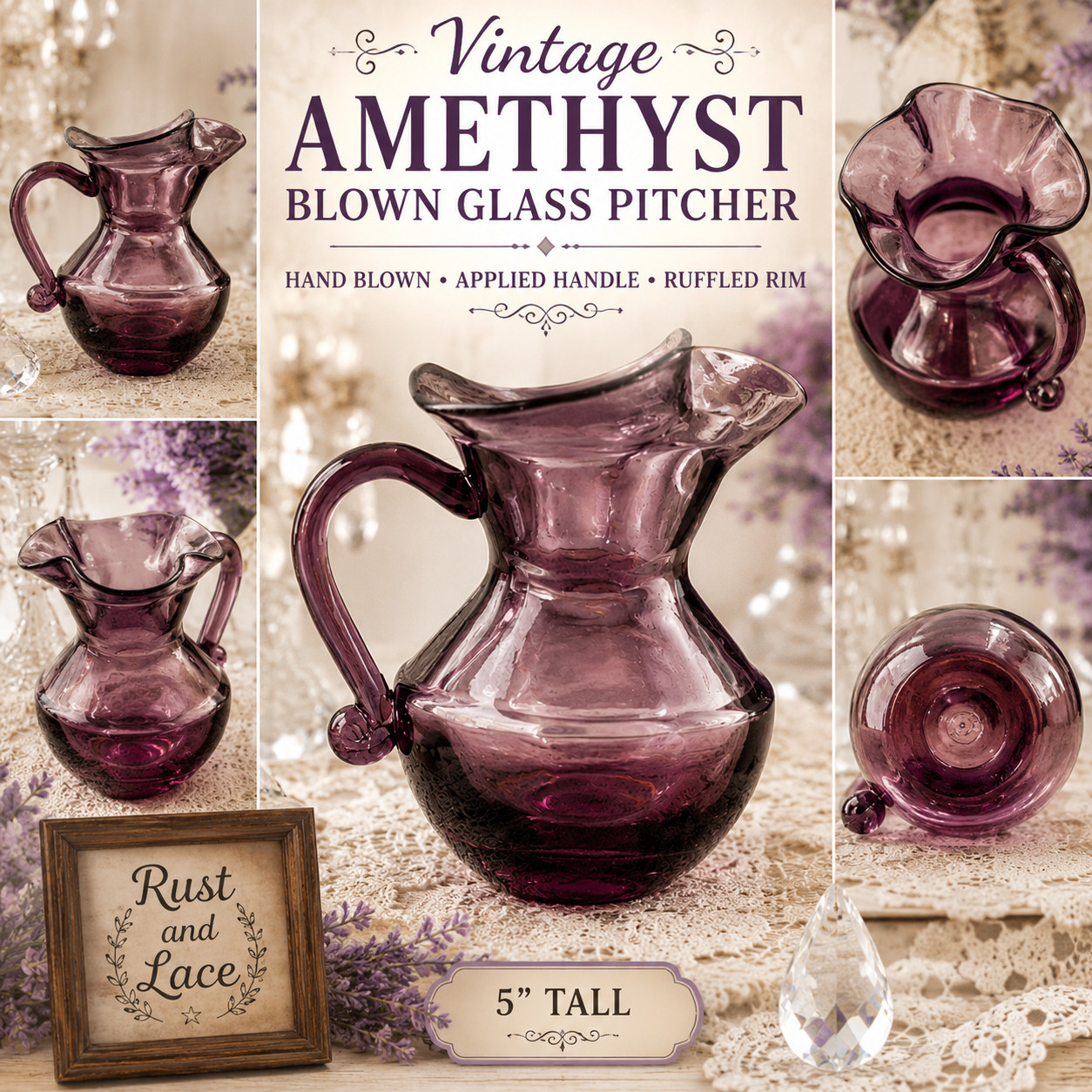 Vtg Hand Blown Amethyst Glass Creamer Pitcher Ruffled Top Applied Handle