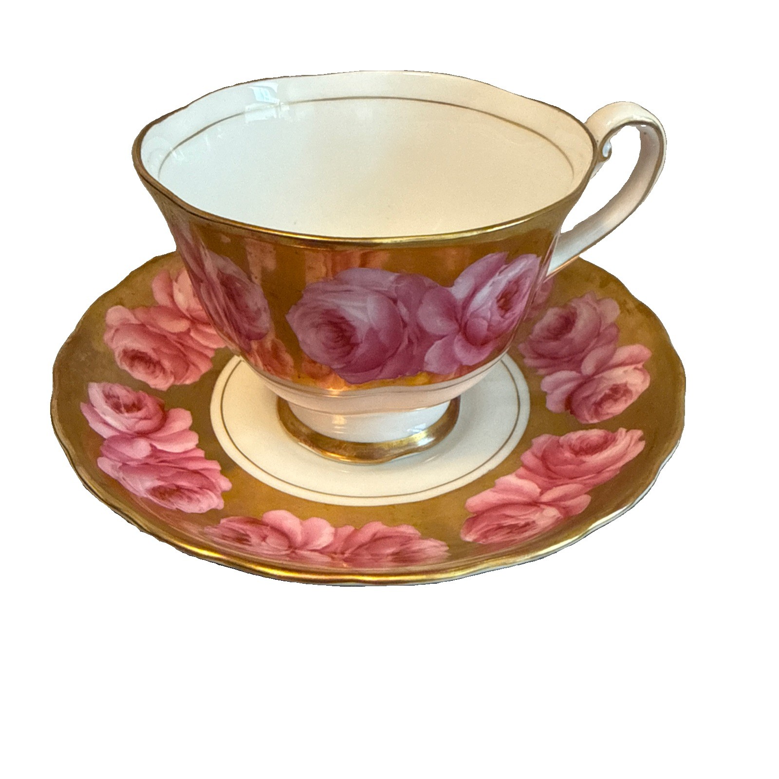 VTG Royal Chelsea Bone China Cabbage Rose RARE Teacup & Saucer English Gilding