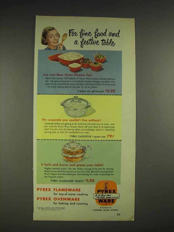 1950 Pyrex Hostess set, Casserole, Flameware Teapot Ad