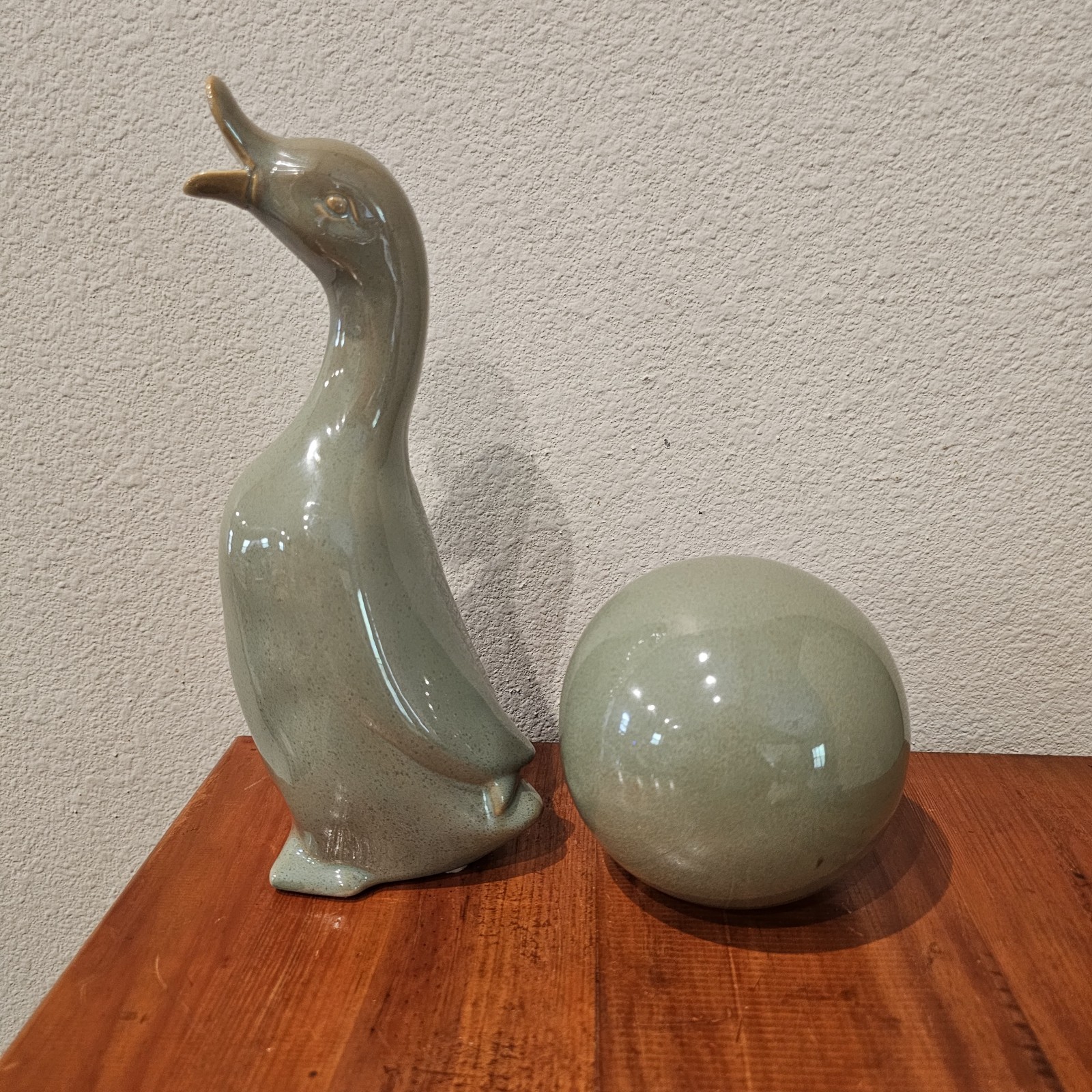 Vintage Celadon Green Ceramic Goose Figurine & Orb Art Pottery Decor Set MCM