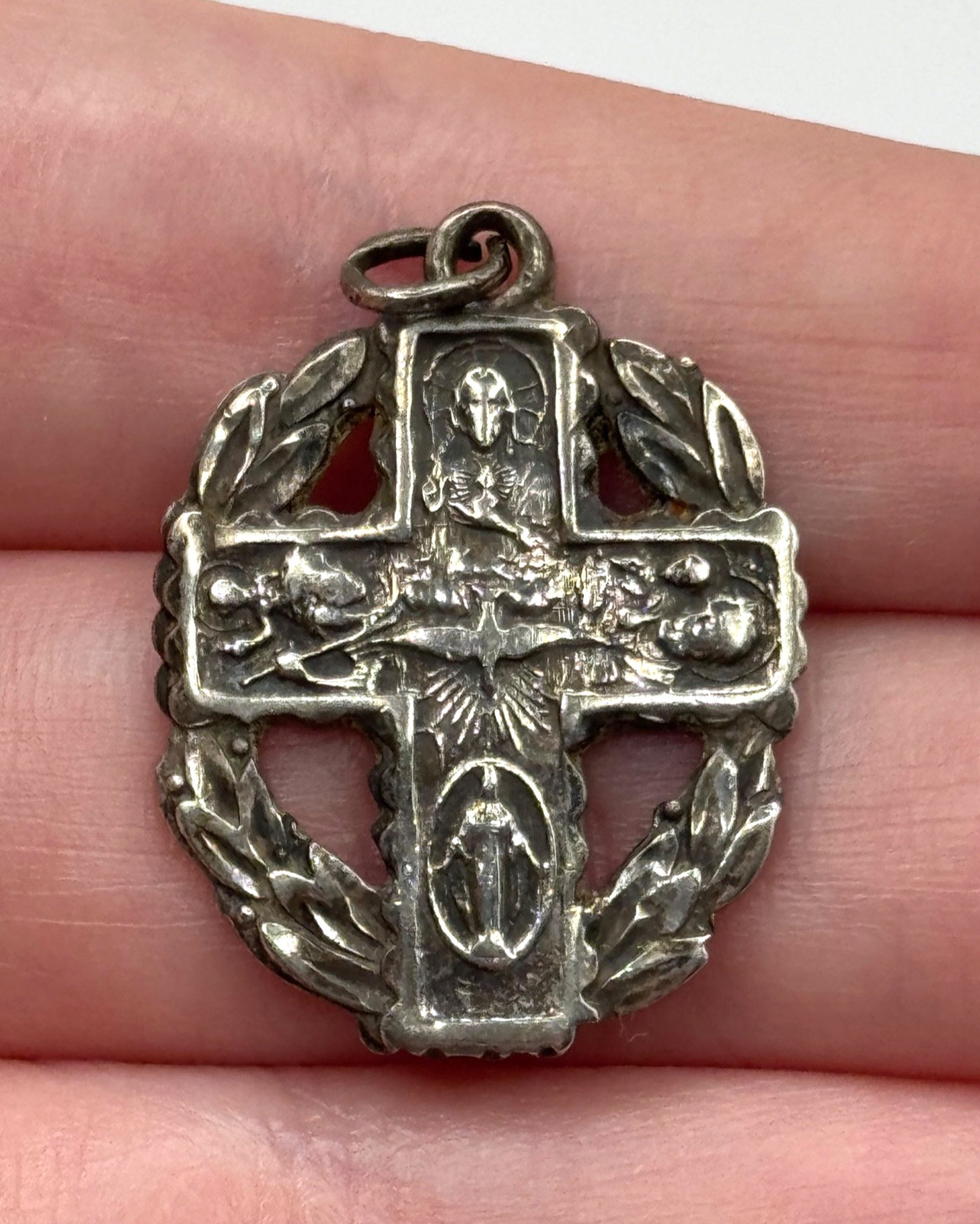 Vintage Sterling Silver Four Way Cross Dove Medal Pendant