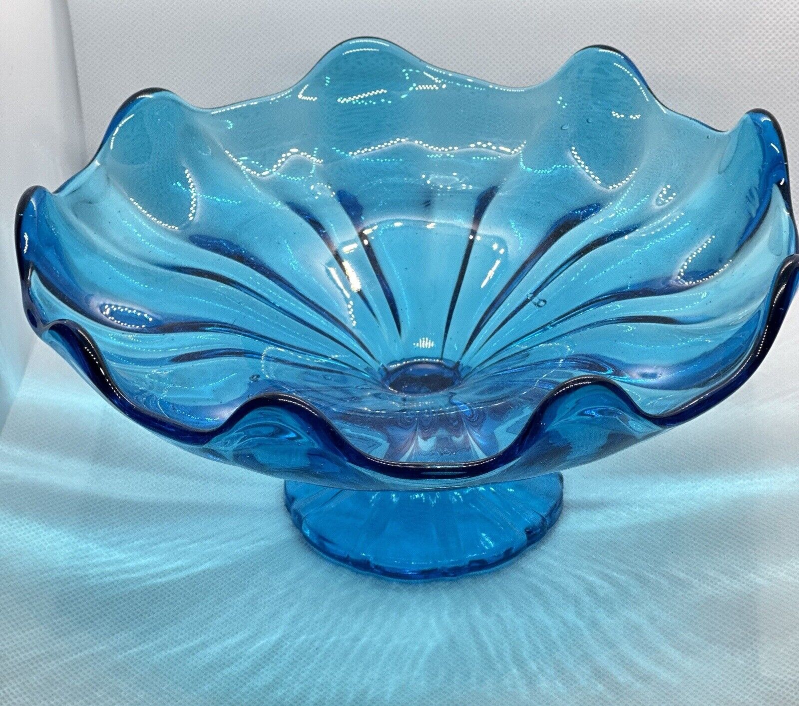 Vintage  Glass Blue Pedestal Bowl Ruffled Edge 9 Petals Footed MCM