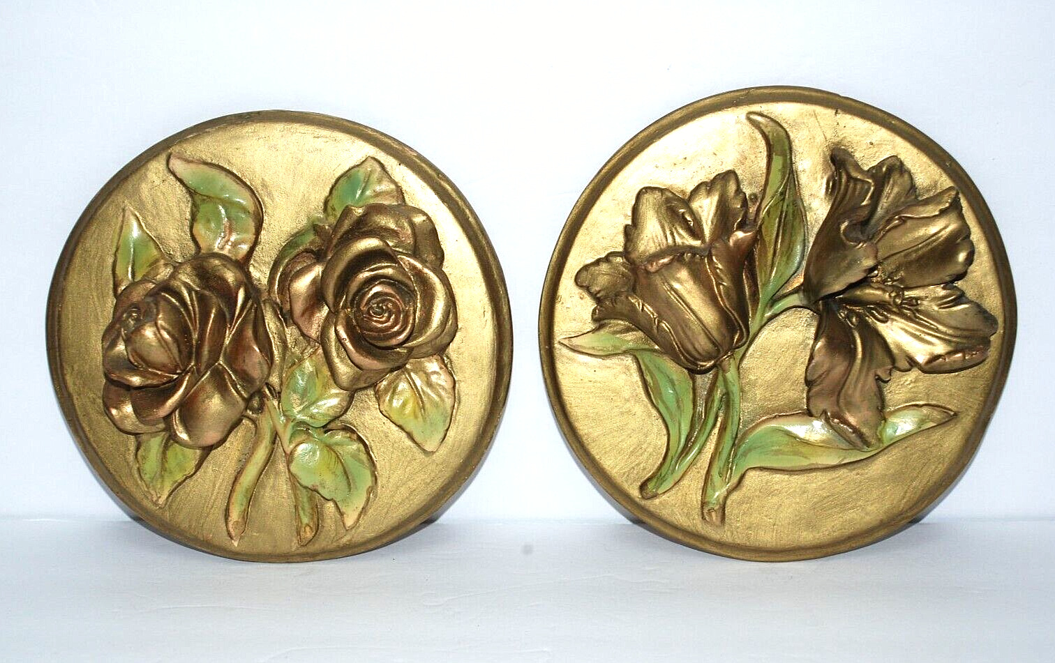 CHALKWARE Plaster Gold Flowers Motif Wall Hanging Plaque WW2 1940's Pair Old
