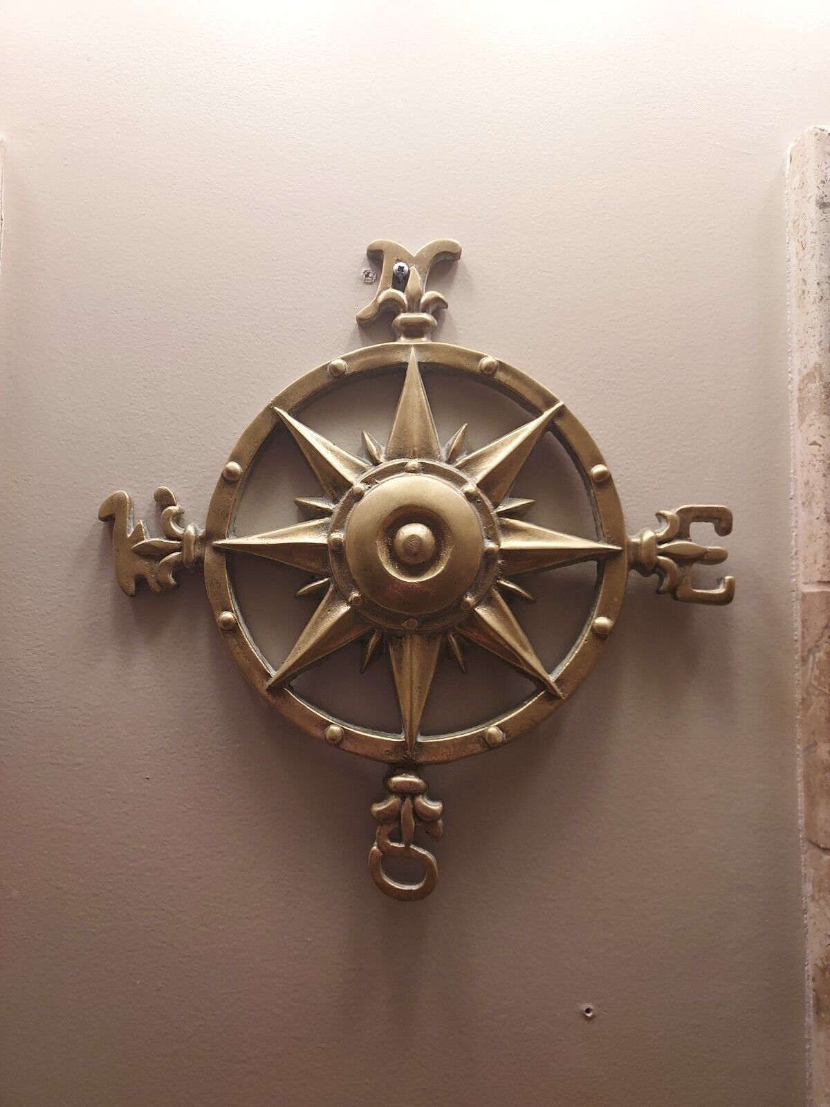 Vintage Solid Brass Star Nautical Compass Rose Directional Wall Hanging 11” 