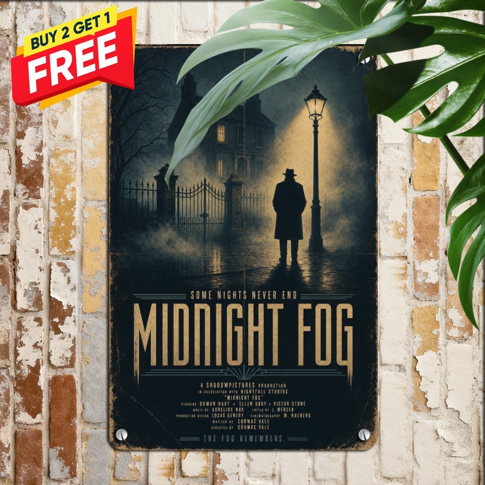 Vintage Noir Midnight Fog Detective Street Scene Metal Tin Wall Plaque