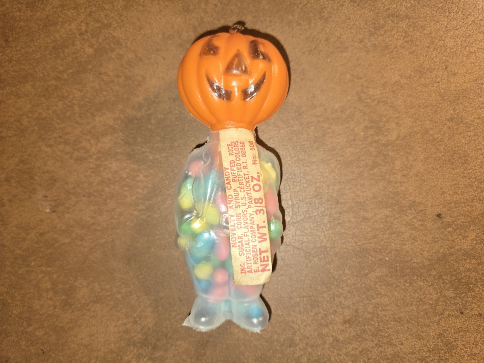 VTG E. ROSEN PLASTIC HALLOWEEN JACK-O-LANTERN 3/8 OZ CANDY CONTAINER /LABEL #2
