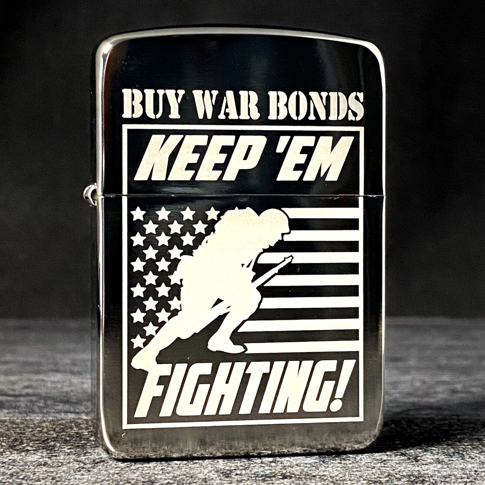 EXCLUSIVE Riley's 66 Zippo Lighter - Keep ‘Em Fighting - WWII - Black Ice