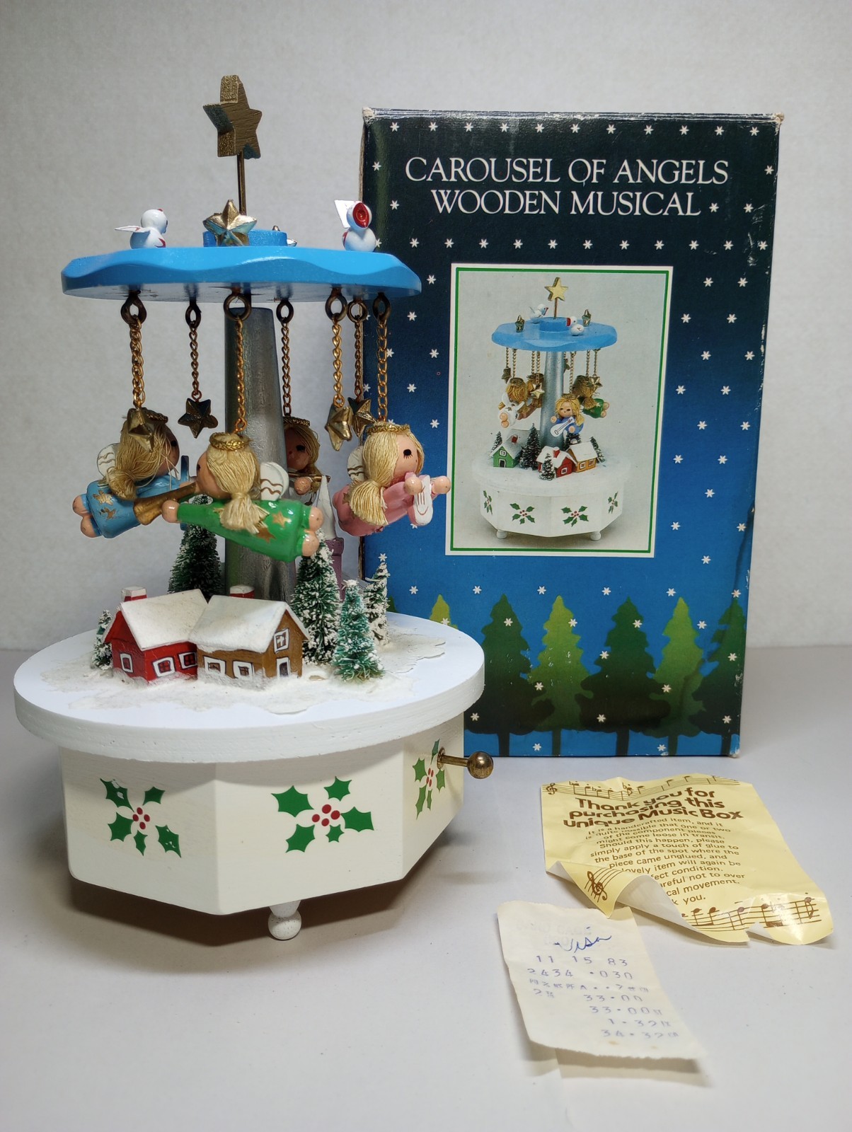 Vintage  Enesco Angels Music Box Dangle Christmas Landscape Mistletoe 1983