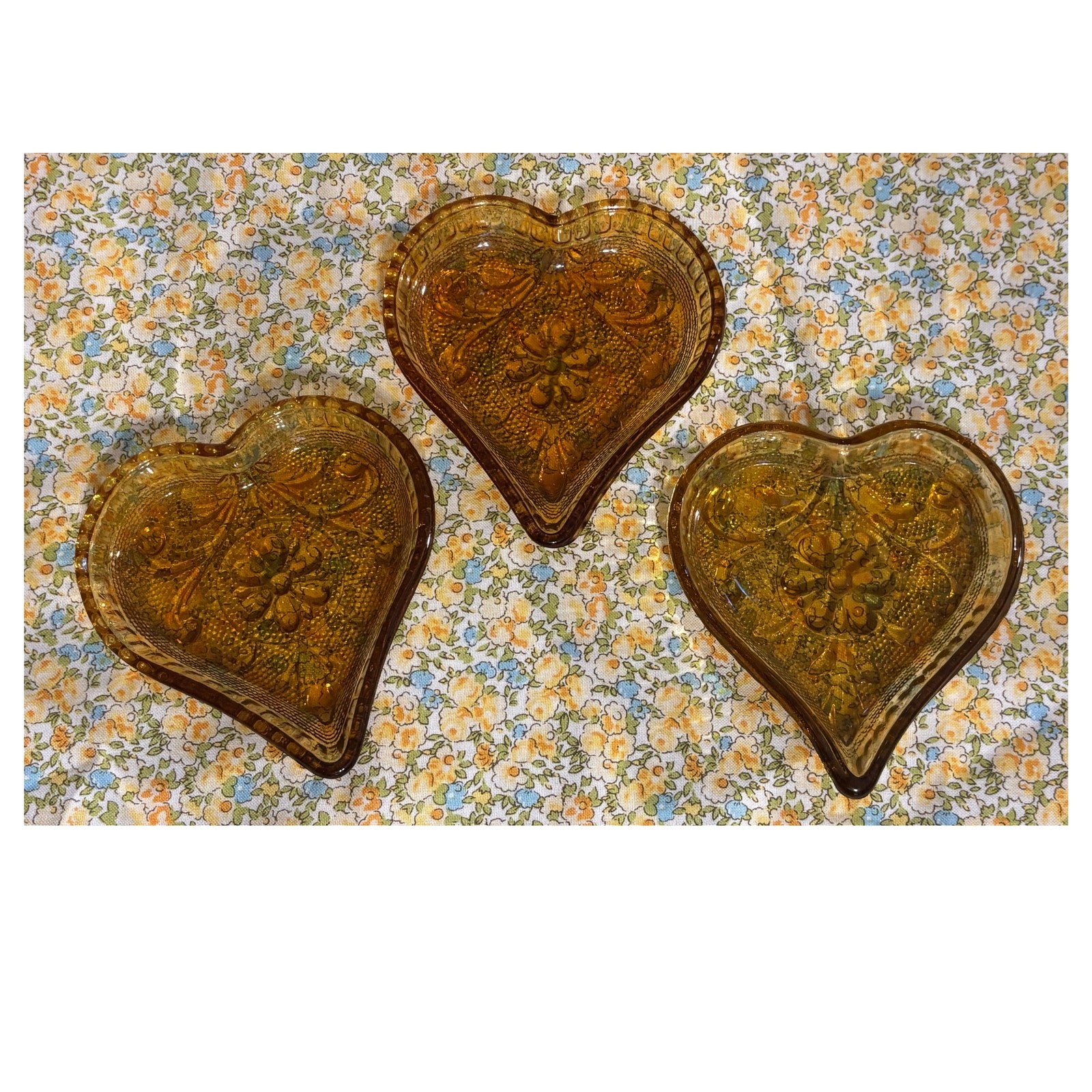 3 Vintage MCM Indiana Glass Amber Heart Trinket Dishes Pressed Glass 1970's