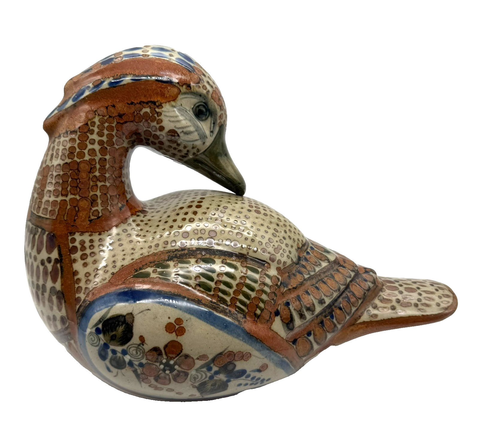 Vintage Large Duck Tonala Mexican Folk Art Pottery Signed Mallard Bird Figurine