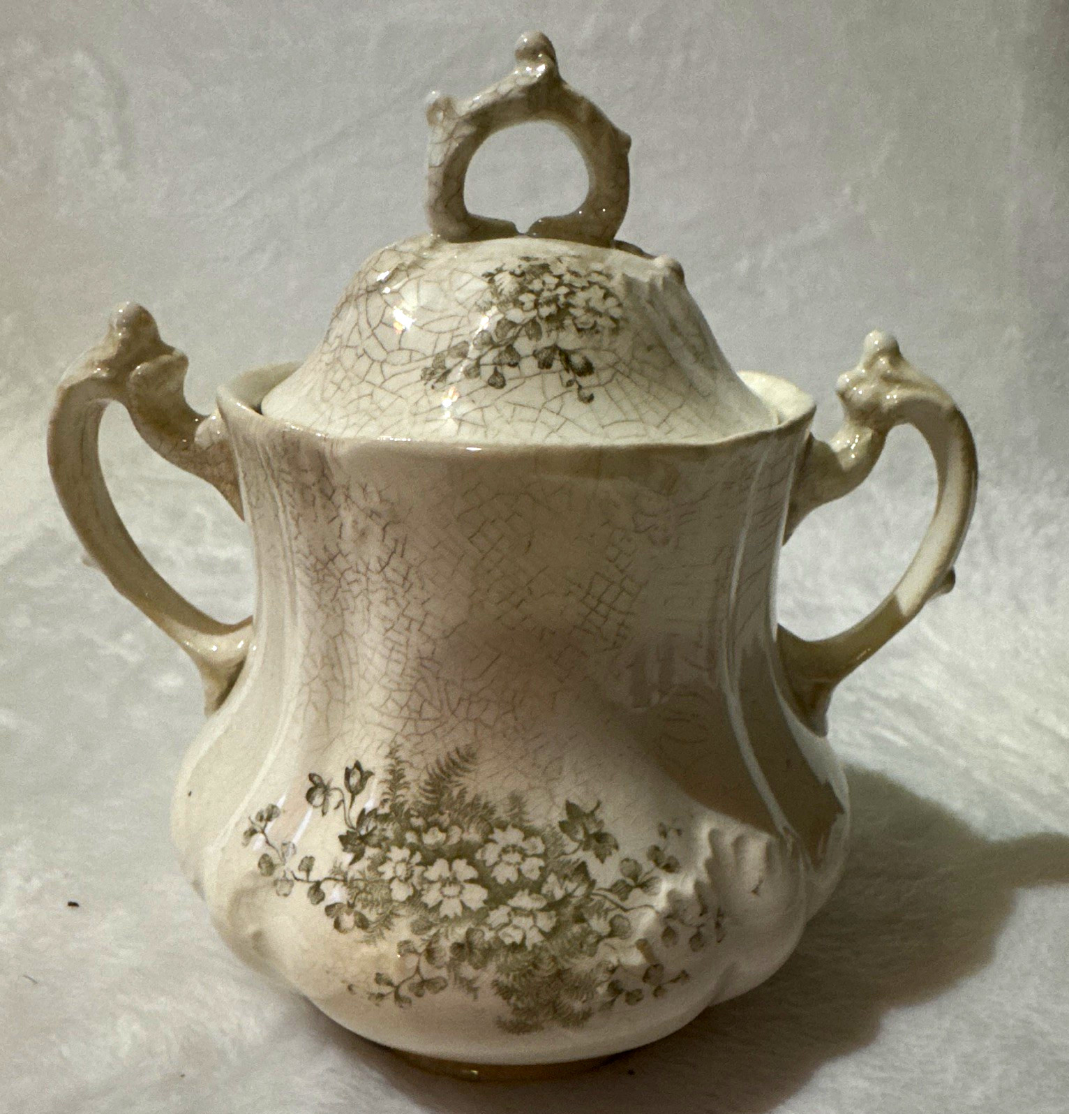 Antique Potters Co-Op Dresden Pottery Sugar Bowl + Lid East Liverpool Ohio 1890