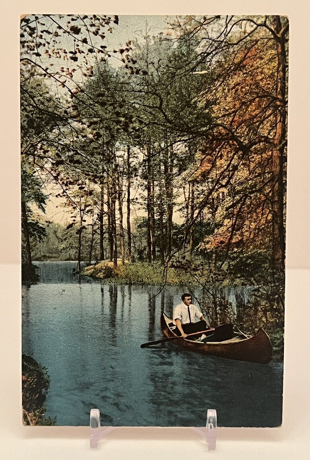 1906 Man In Shirt & Tie Paddling Down The Charles River Waltham, Massachusetts