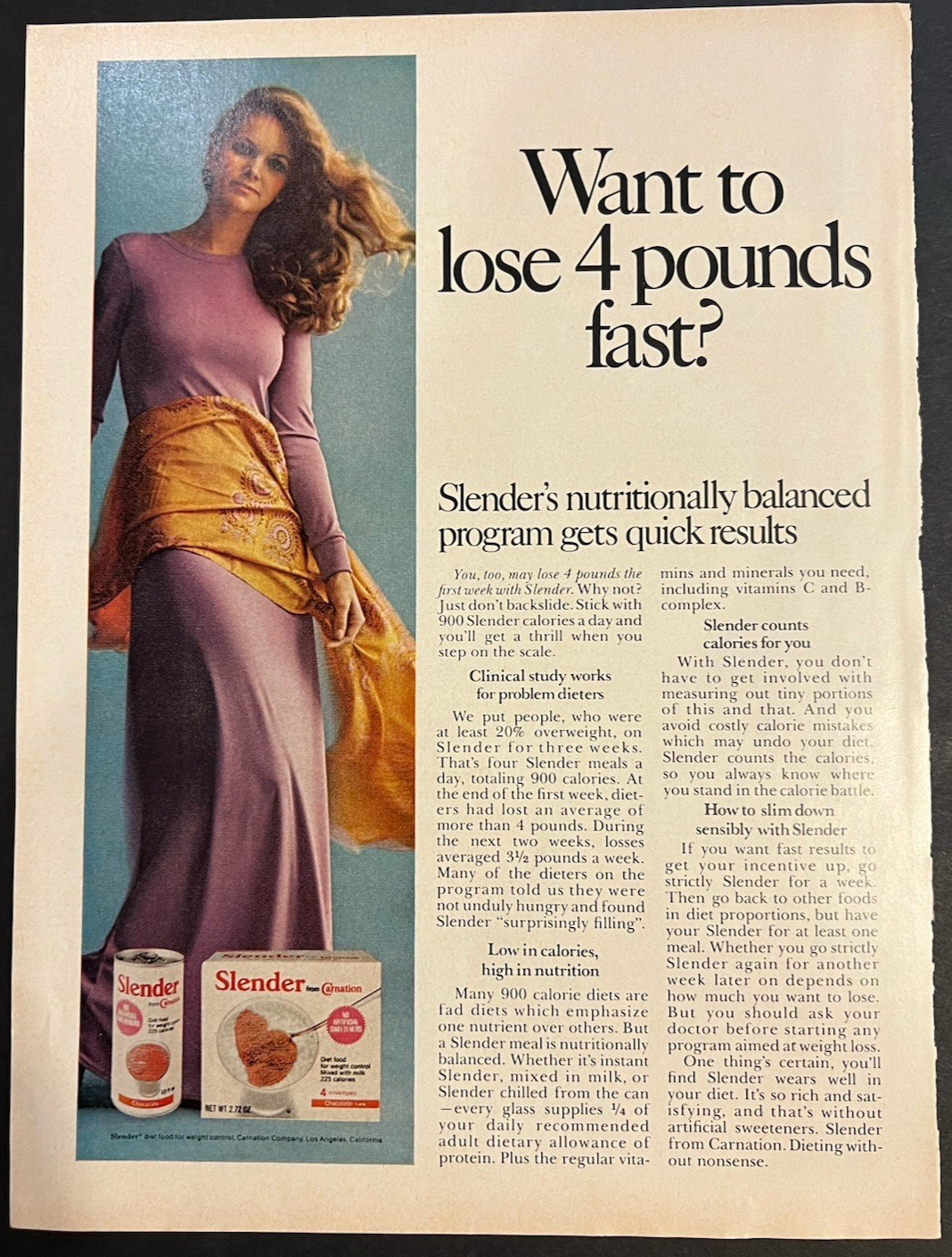 Vtg 1970s Ad-Slender-From Carnation-Weight Loos Drink-Lose 4 Pounds Fast