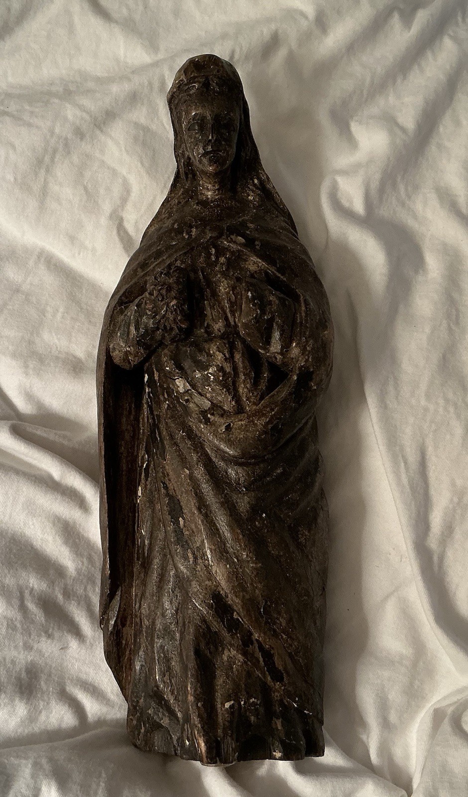 Antique Painted Carved Wood Santos Saint Statue Relic 13” Tall Dark Figure Vtg