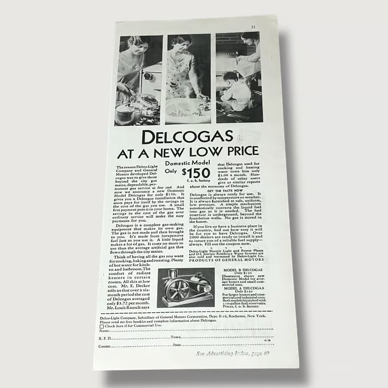 1930 Delcogas Delco Light A New Low Price Vintage Ad N