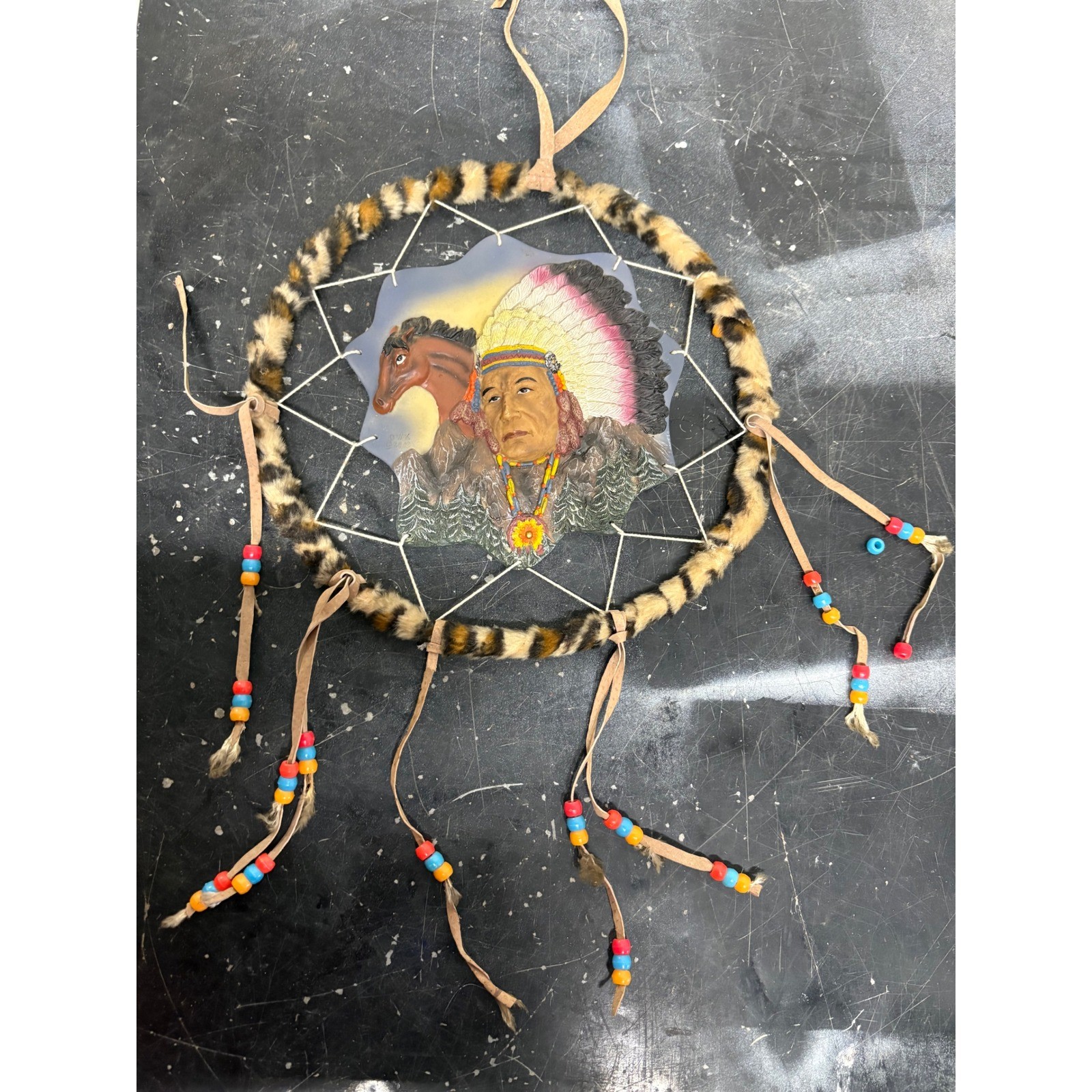 Vintage DWK 2003 Native American Chief Horse Dream Catcher Wall Decor Faux Fur