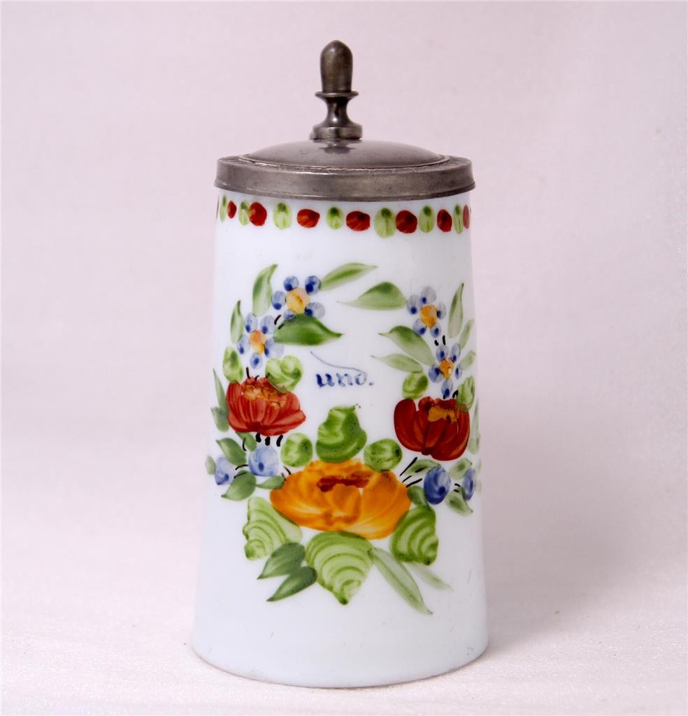 Antique Bohemian Milk Glass Beer Stein Hand Painted Enamel Floral c.1820s