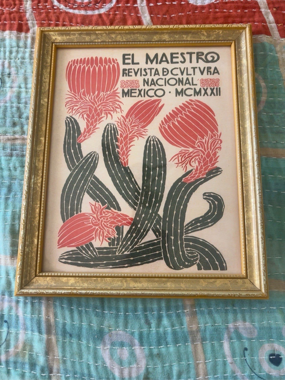El Maestro Mexico 1922 Cactus Art Print 8x10 Gold Frame Mexican Folk Decor