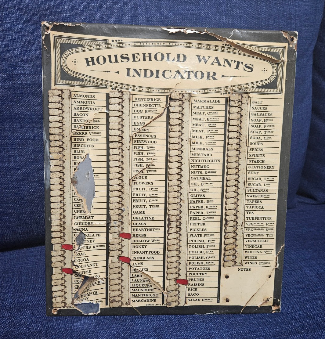 1920\'s Four Row Charles Letts & Co Household Wants Indicator Board Pre-owned