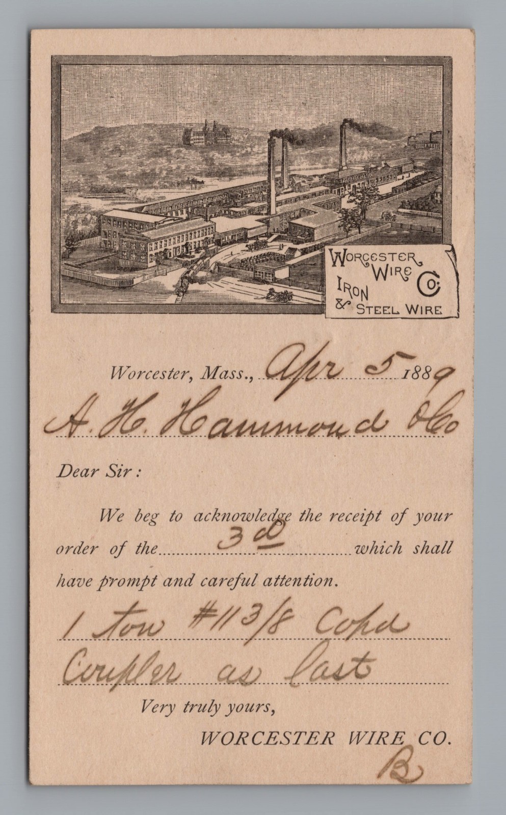 1889 Worcester Wire Co Factory Engraving Postal Card A.H. Hammond Organ History