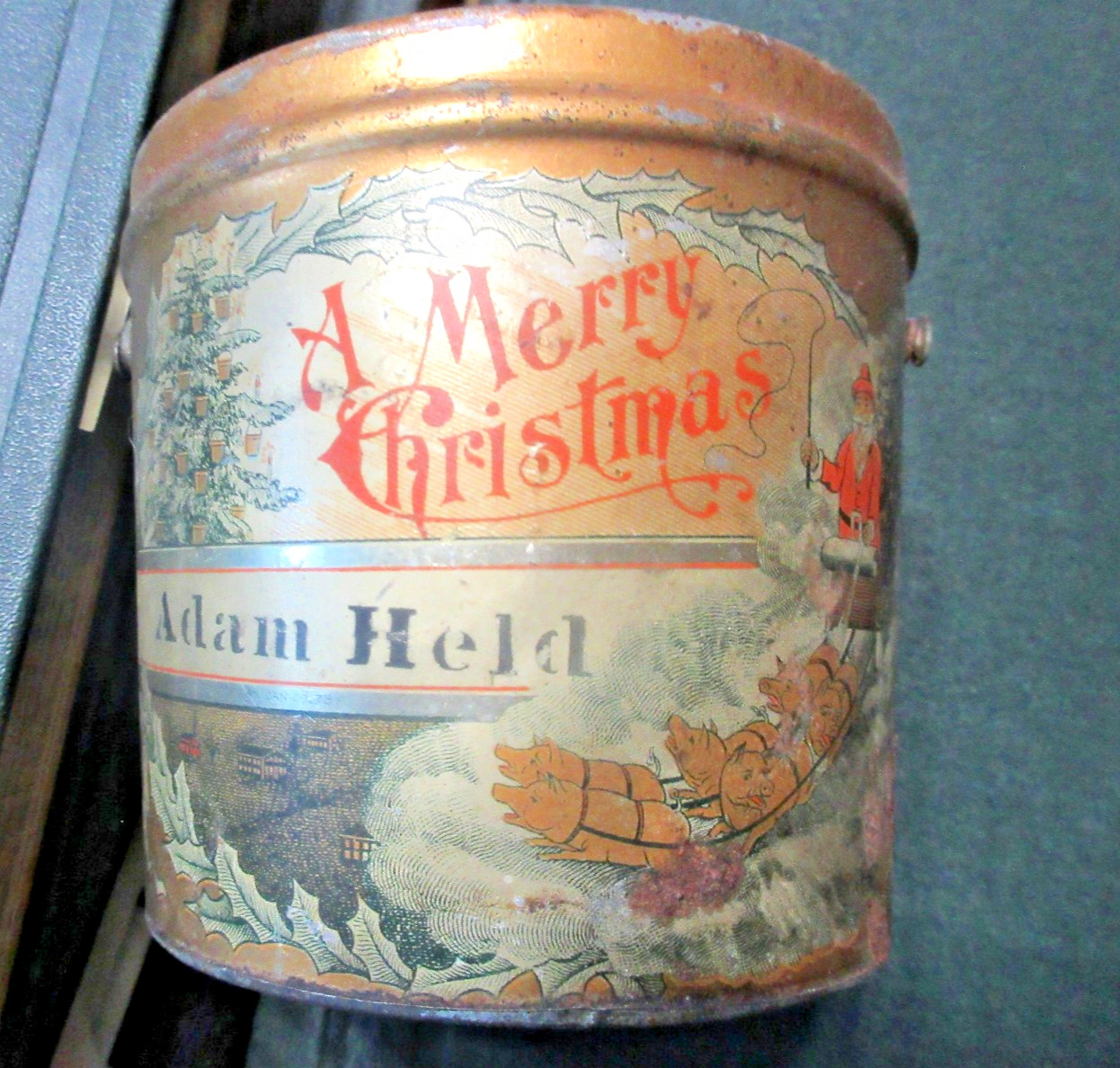 BEST Antique A Merry Christmas & New Year Candy Tin Pail \