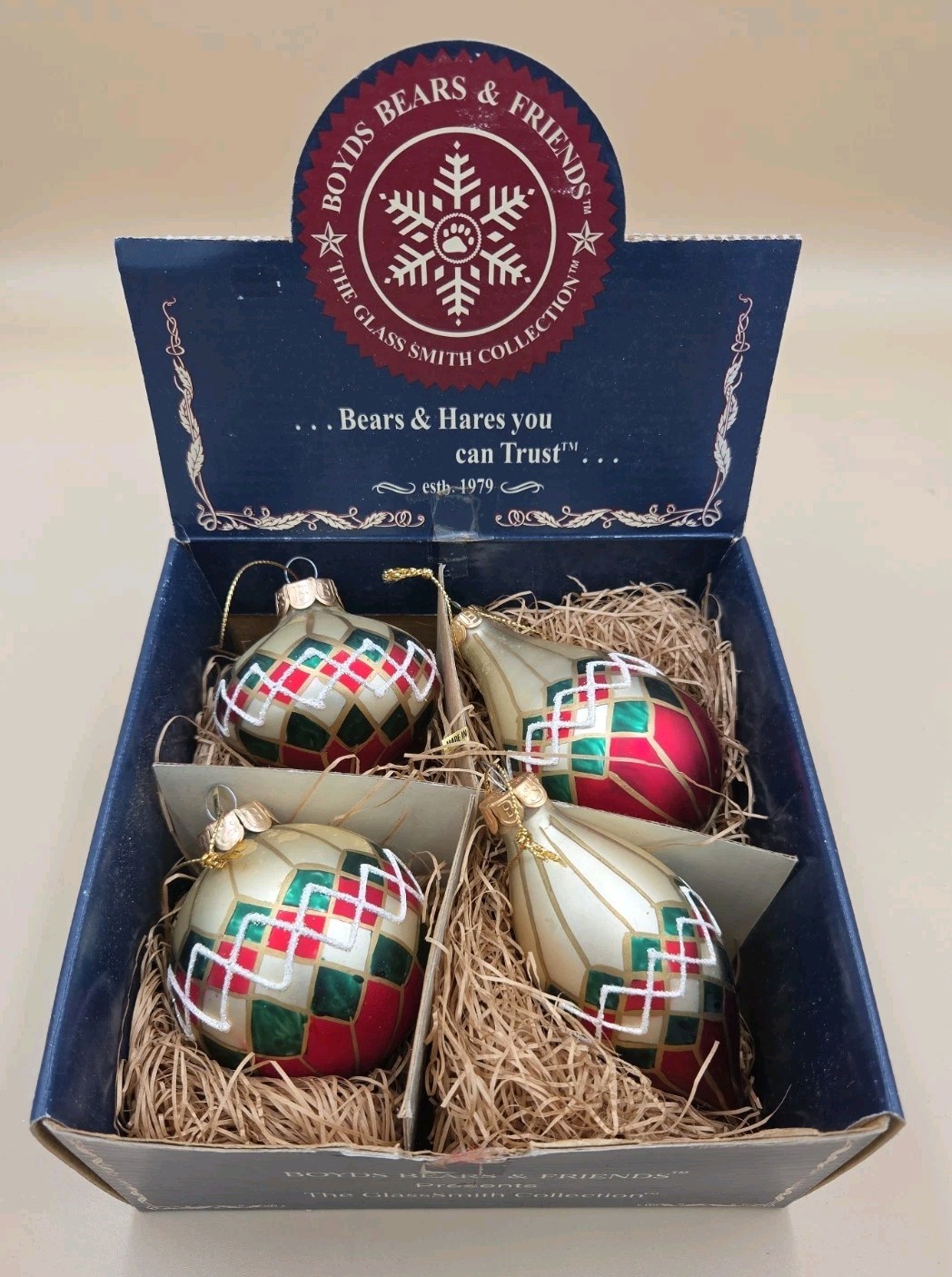 Boyds Bears “The GlassSmith Collection” Glass Ornaments Diamond plaid