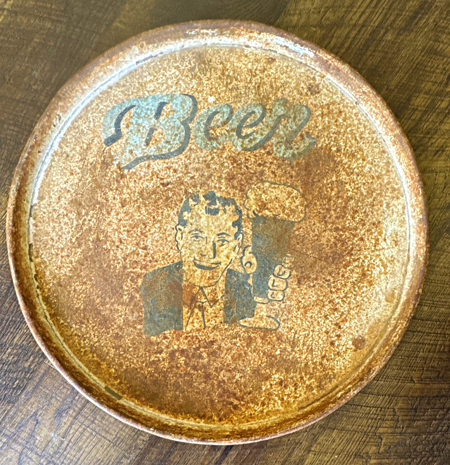 Vintage Round Metal Beer Serving Tray Breweriana Graphic Man Holding Mug 21x21
